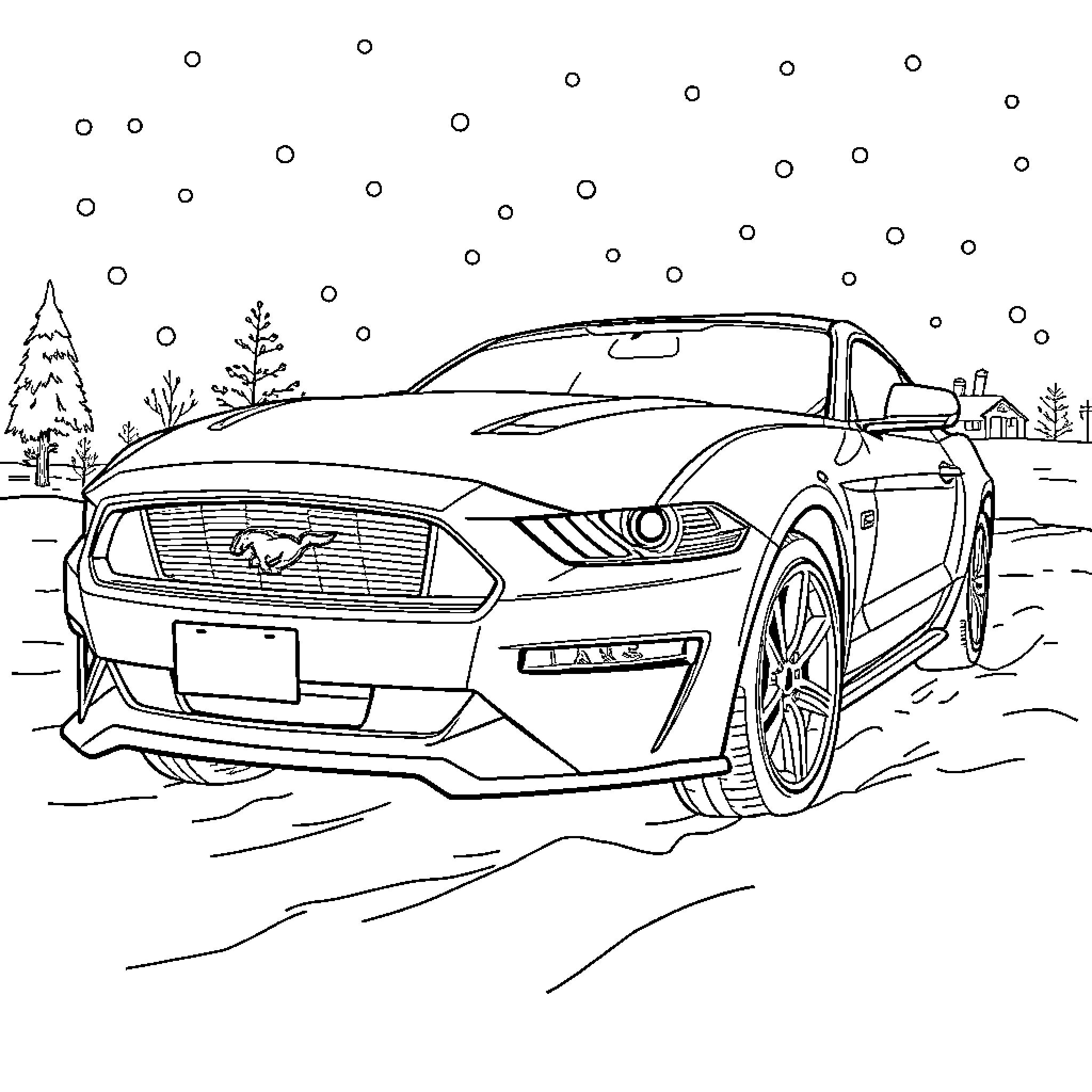 Mustang sports car in winter landscape Coloring Page (free black-and-white line drawing printable PDF for all, from beginners to advanced learners, including children, teens, adults, and seniors)