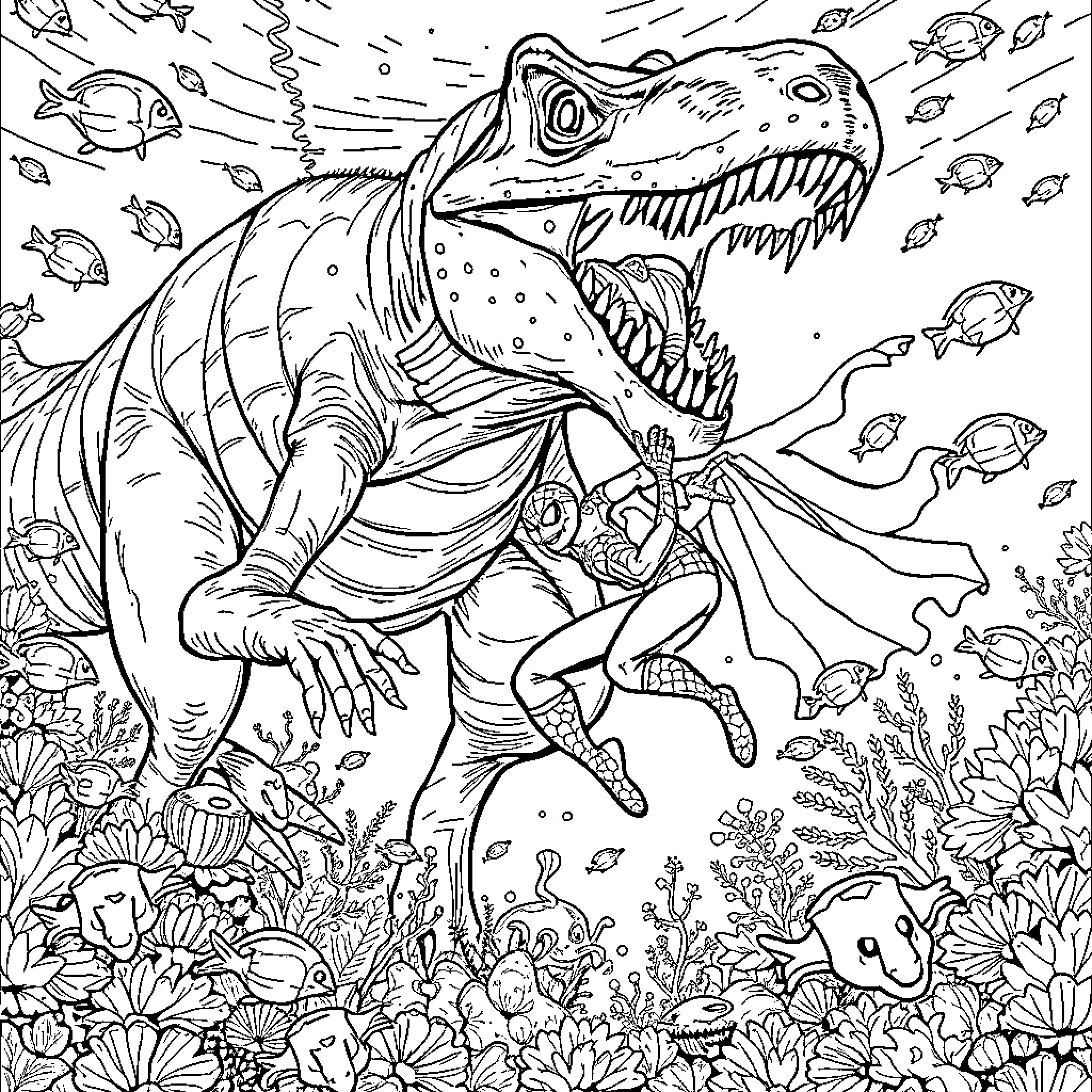 Dinosaur exploring the underwater coral reef Coloring Page (free black-and-white line drawing printable PDF for all, from beginners to advanced learners, including children, teens, adults, and seniors)