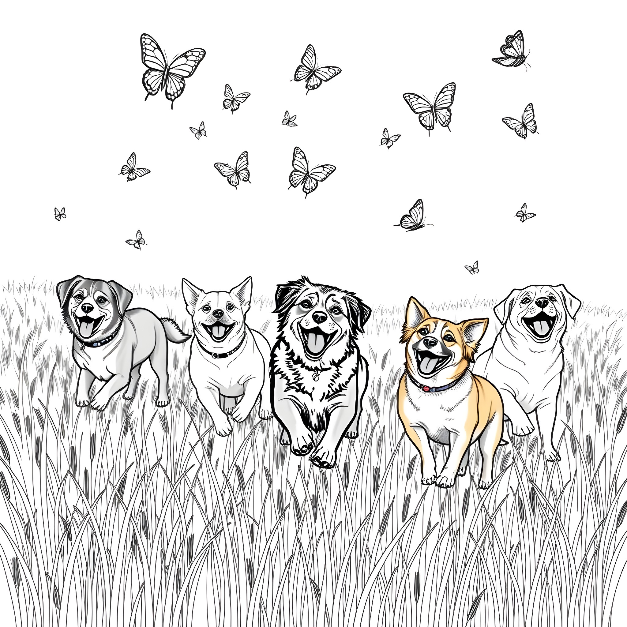 Dogs playing cheerfully with butterflies in the meadow Coloring Page (free black-and-white line drawing printable PDF for all, from beginners to advanced learners, including children, teens, adults, and seniors)