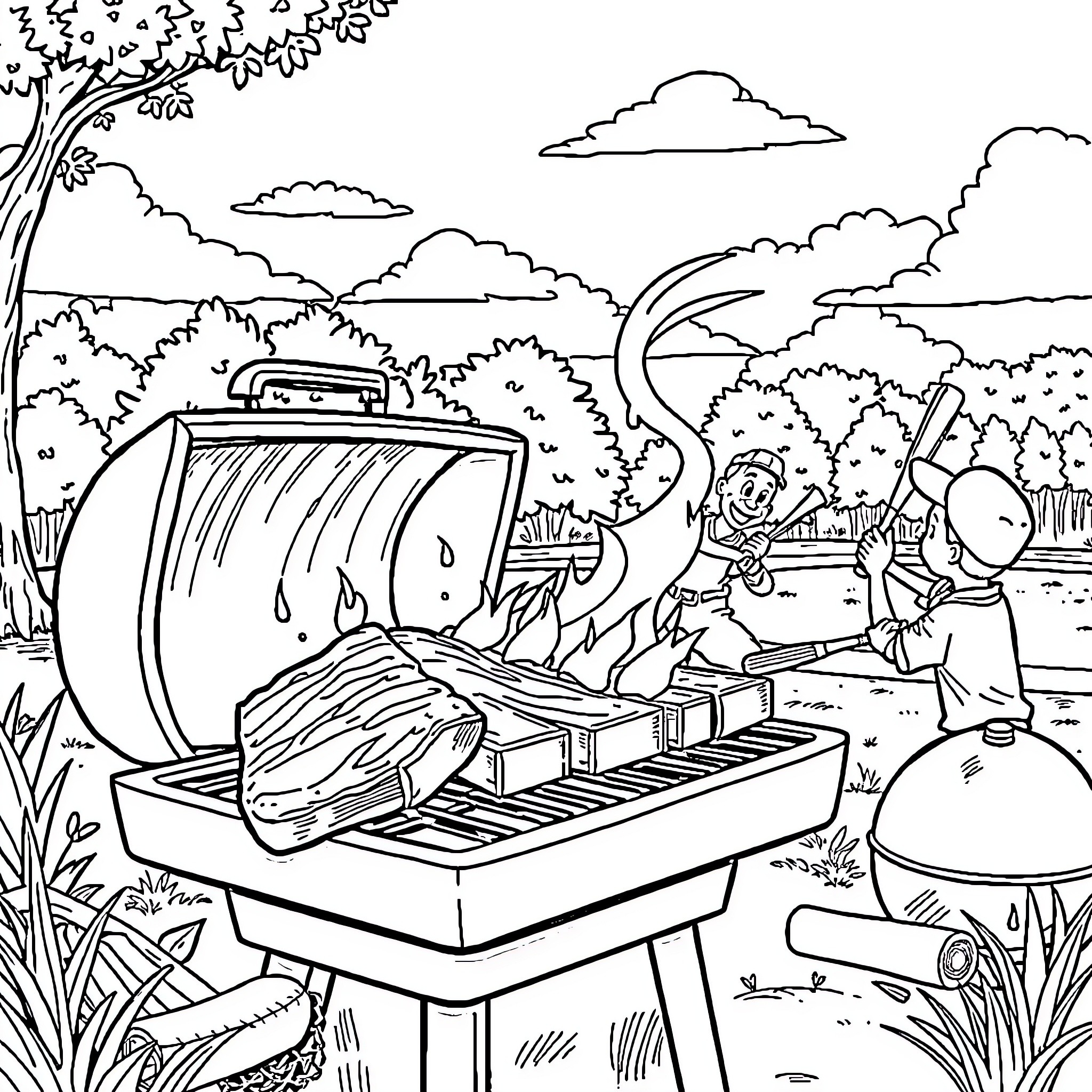 Bbq Ribs Cooked Outdoors with Family Gathering Coloring Page (free black-and-white line drawing printable PDF for all, from beginners to advanced learners, including children, teens, adults, and seniors)