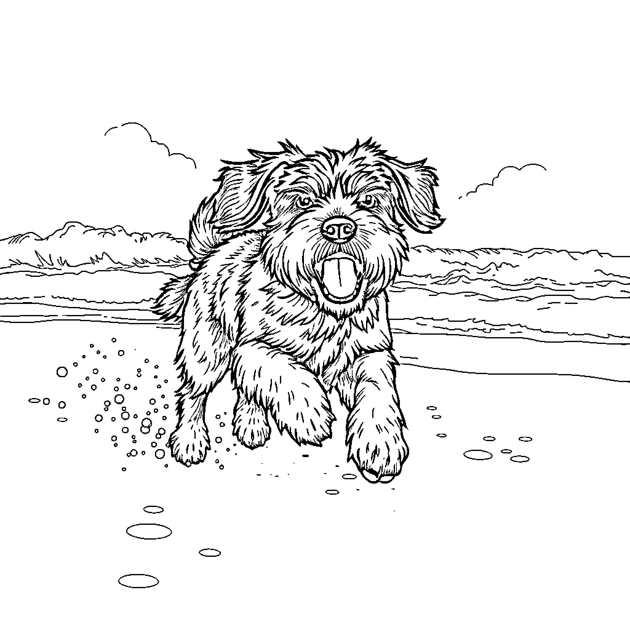 Portuguese Water Dog playing joyfully on the beach Coloring Page (free black-and-white line drawing printable PDF for all, from beginners to advanced learners, including children, teens, adults, and seniors)