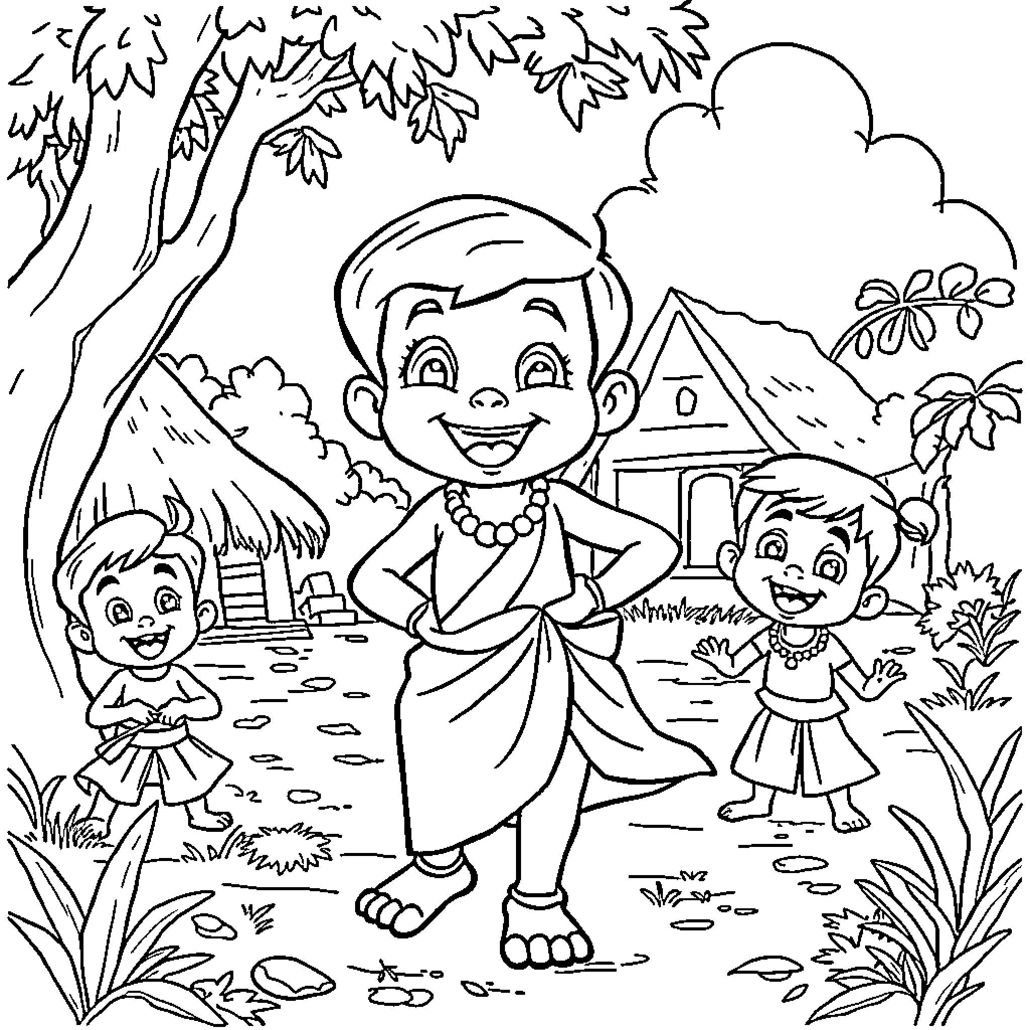 Chota Bheem and friends in a cheerful outdoor scene Coloring Page (free black-and-white line drawing printable PDF for all, from beginners to advanced learners, including children, teens, adults, and seniors)