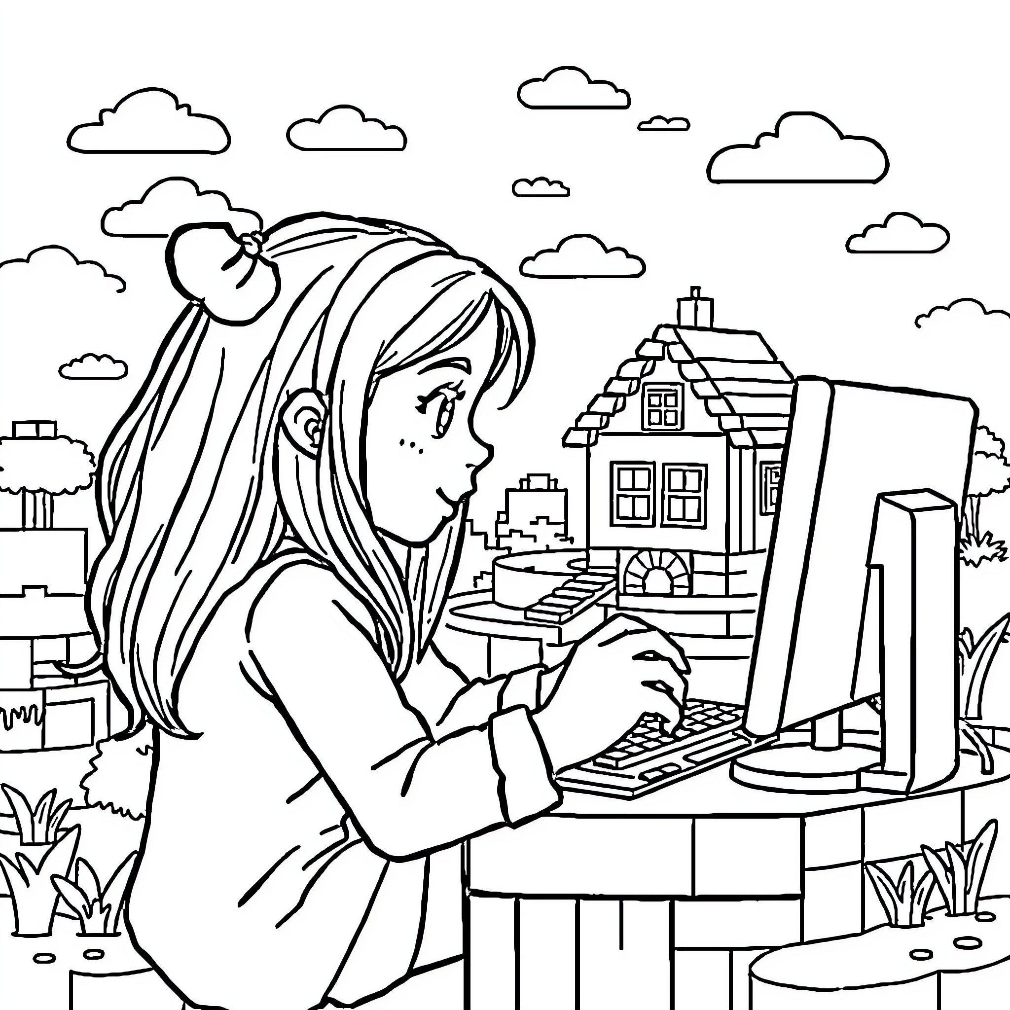 Abby Enjoys Computing in the Countryside Coloring Page (free black-and-white line drawing printable PDF for all, from beginners to advanced learners, including children, teens, adults, and seniors)