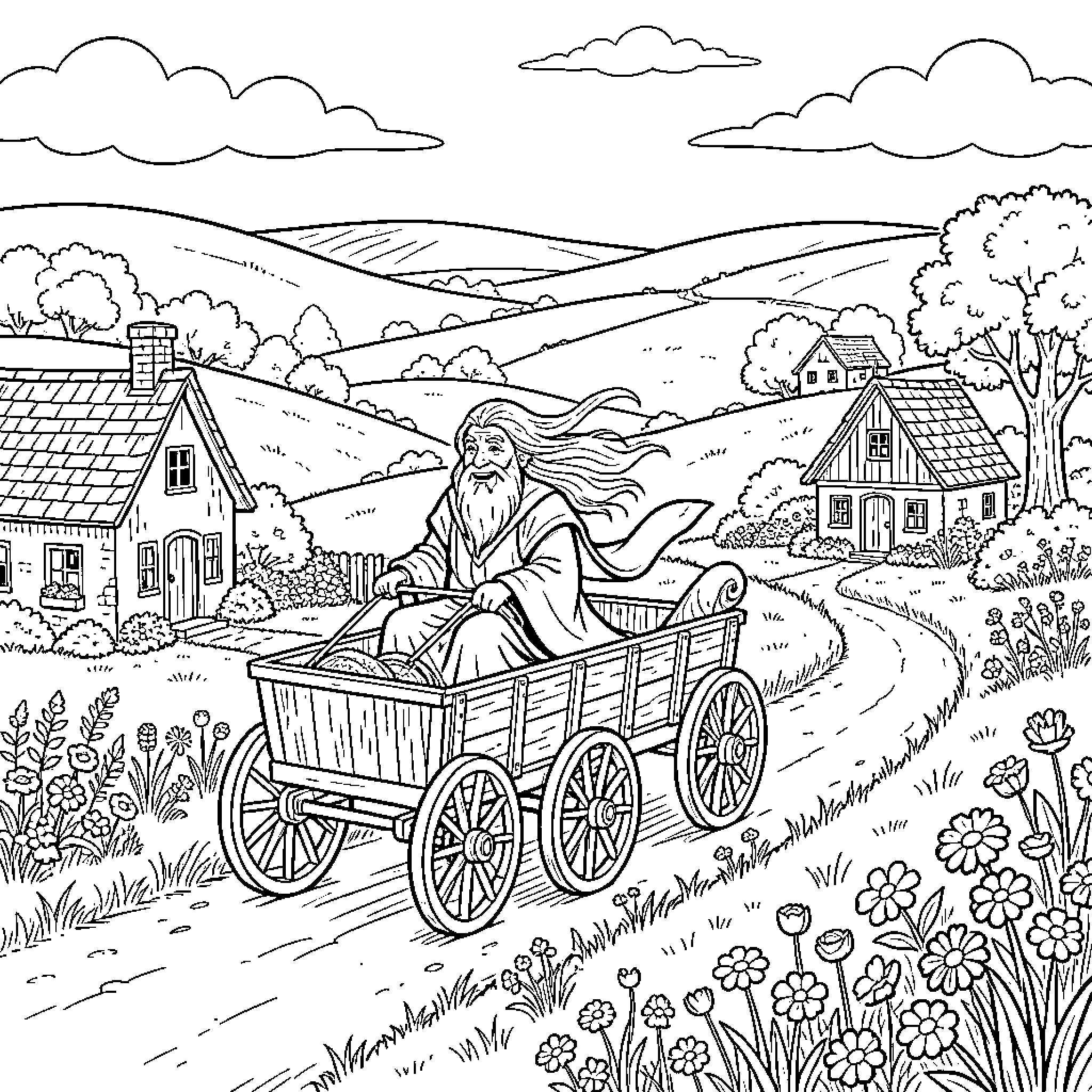 Gandalf the Wizard Travels Through the Countryside Coloring Page (free black-and-white line drawing printable PDF for all, from beginners to advanced learners, including children, teens, adults, and seniors)