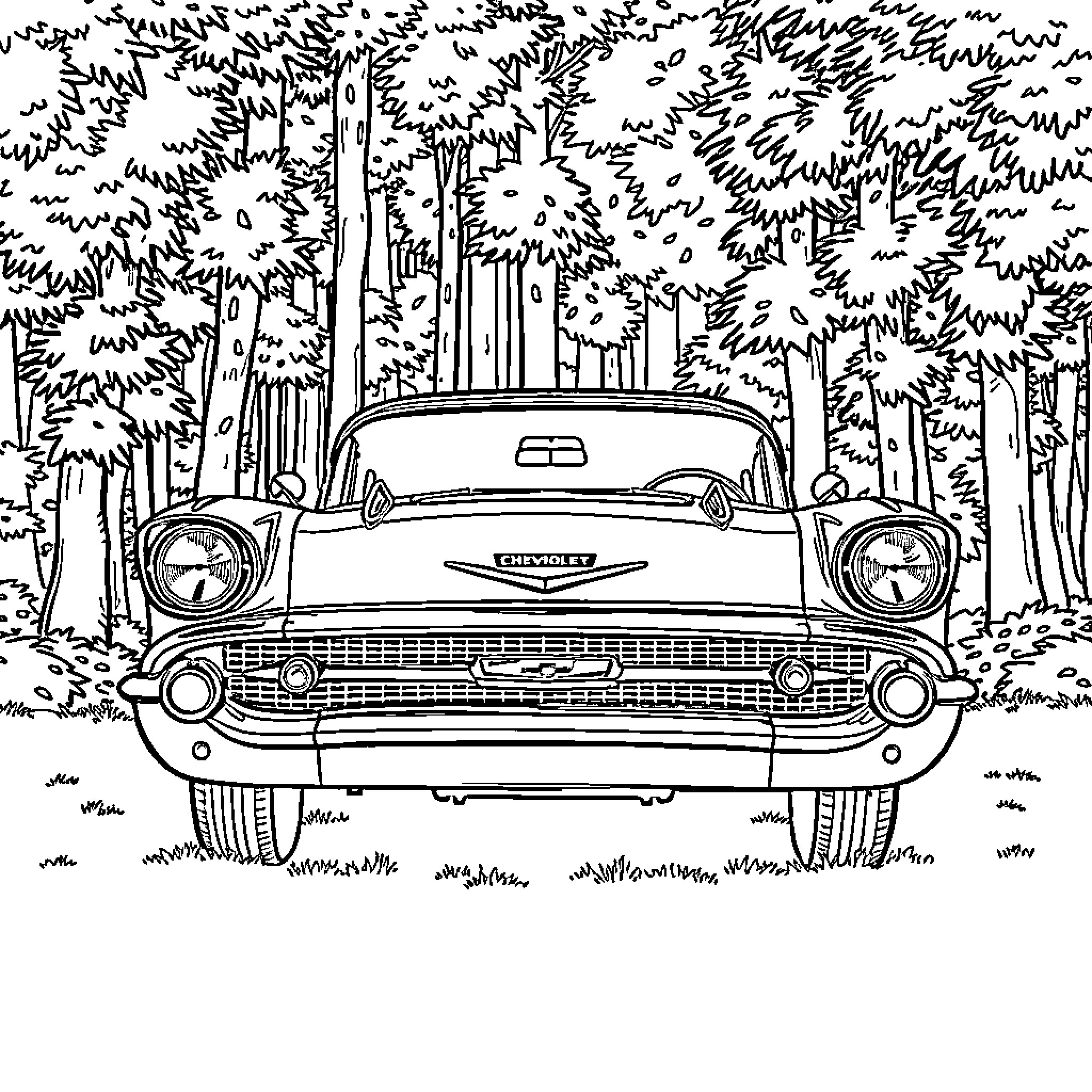Chevrolet classic car in the woods Coloring Page (free black-and-white line drawing printable PDF for all, from beginners to advanced learners, including children, teens, adults, and seniors)