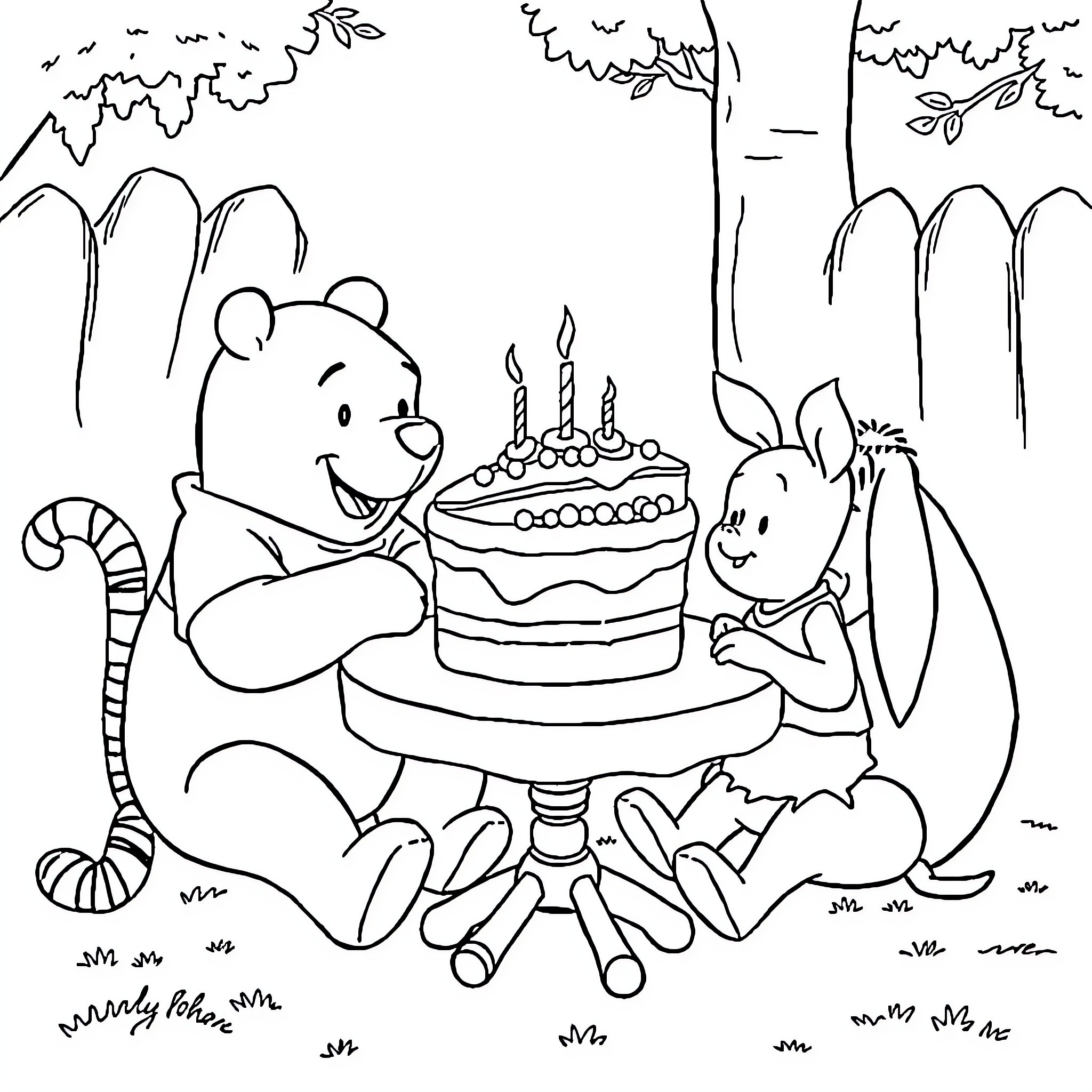 Pooh and Rabbit Celebrate with Birthday Cake Coloring Page (free black-and-white line drawing printable PDF for all, from beginners to advanced learners, including children, teens, adults, and seniors)