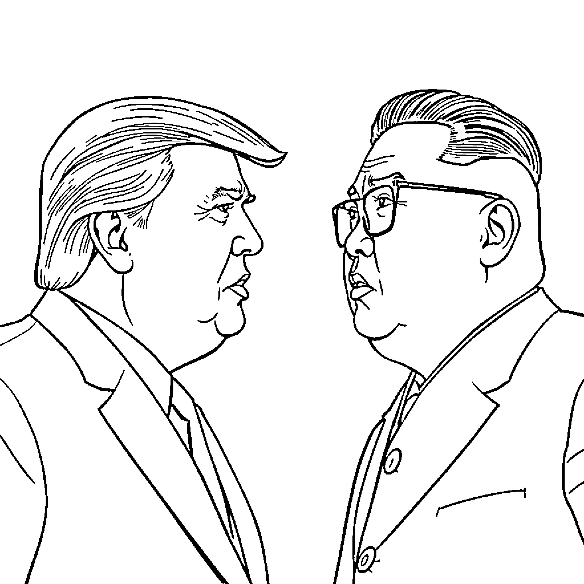 Donald Trump and another man in a confrontational discussion Coloring Page (free black-and-white line drawing printable PDF for all, from beginners to advanced learners, including children, teens, adults, and seniors)