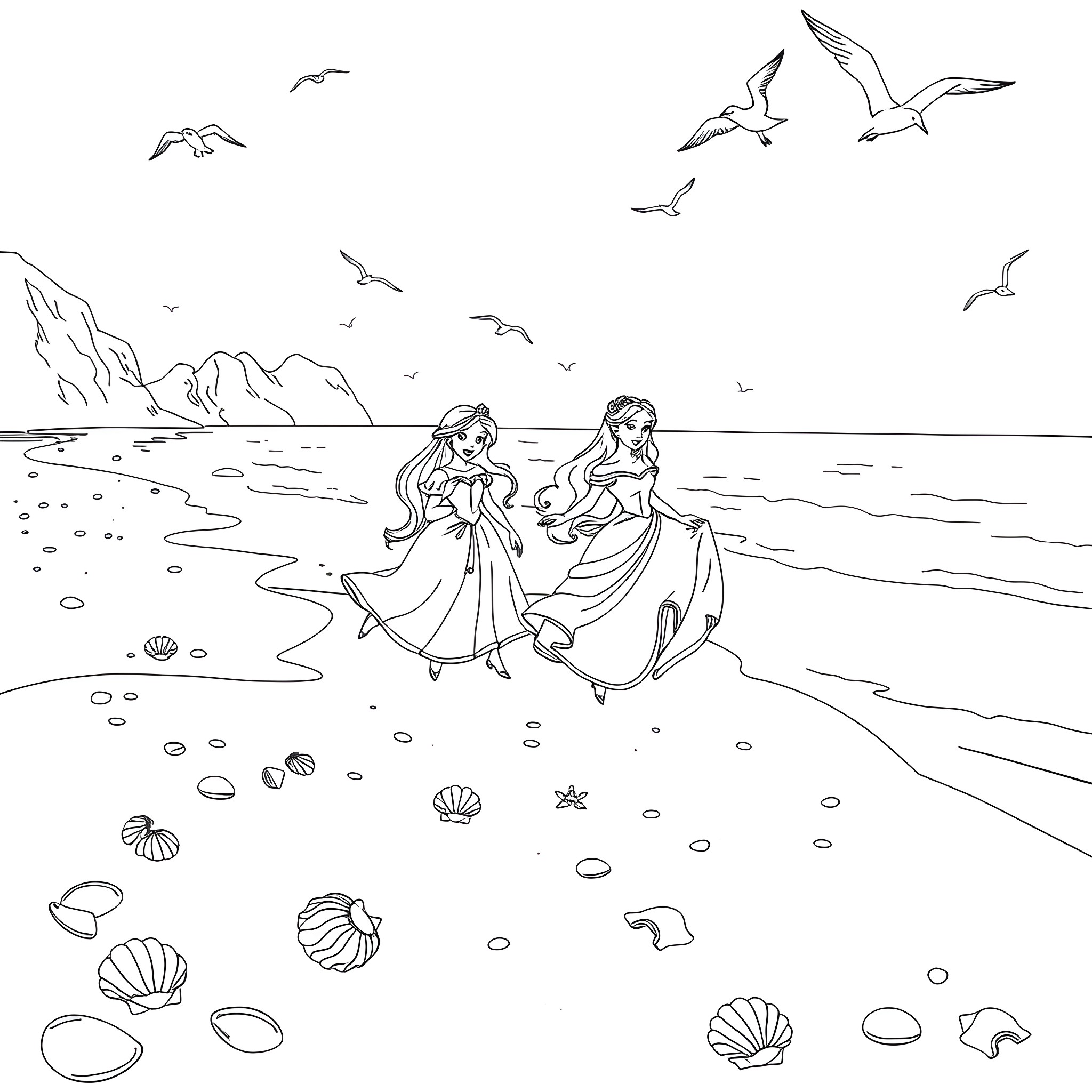 Disney Princesses strolling along the beach Coloring Page (free black-and-white line drawing printable PDF for all, from beginners to advanced learners, including children, teens, adults, and seniors)
