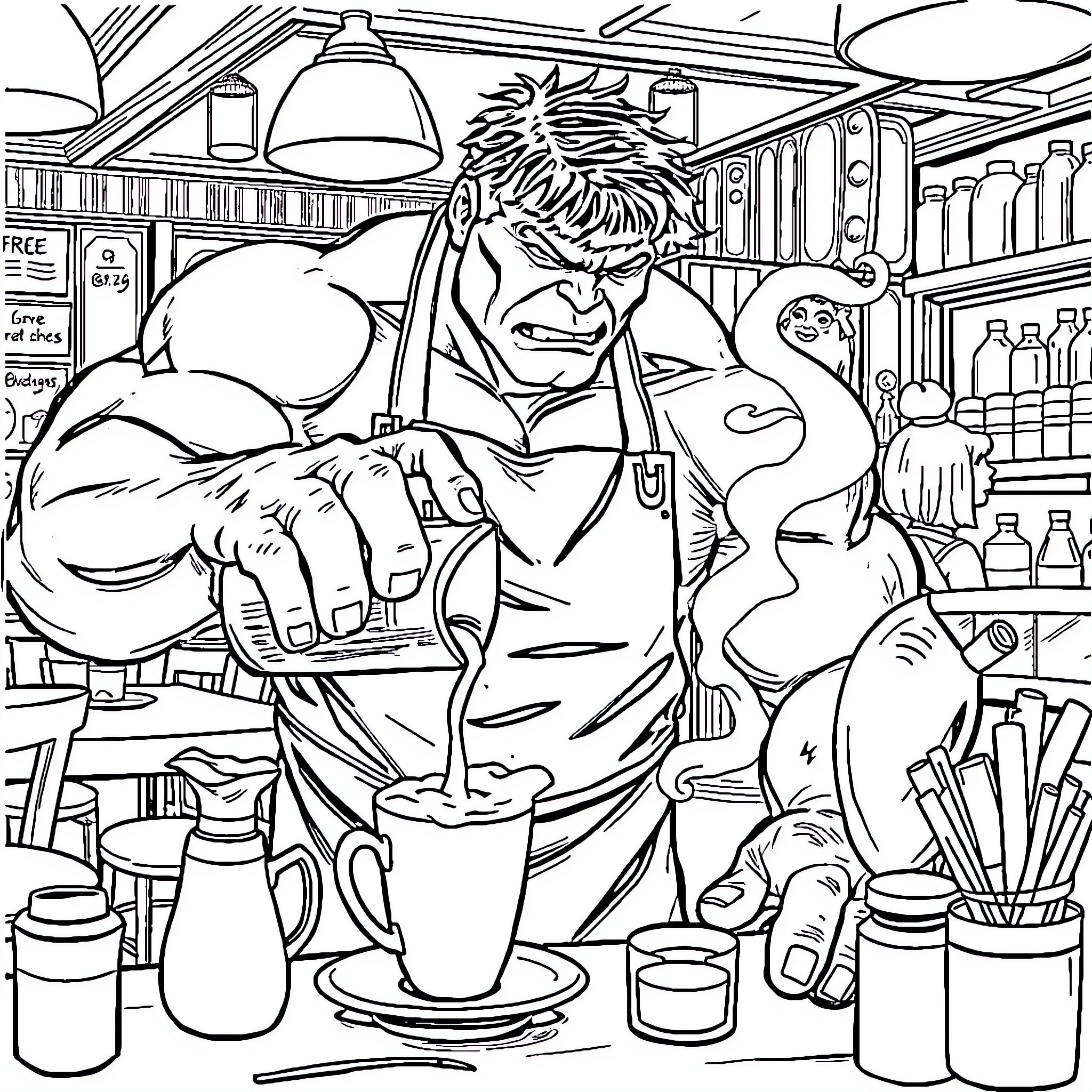 Hulk working hard at his scientific laboratory Coloring Page (free black-and-white line drawing printable PDF for all, from beginners to advanced learners, including children, teens, adults, and seniors)