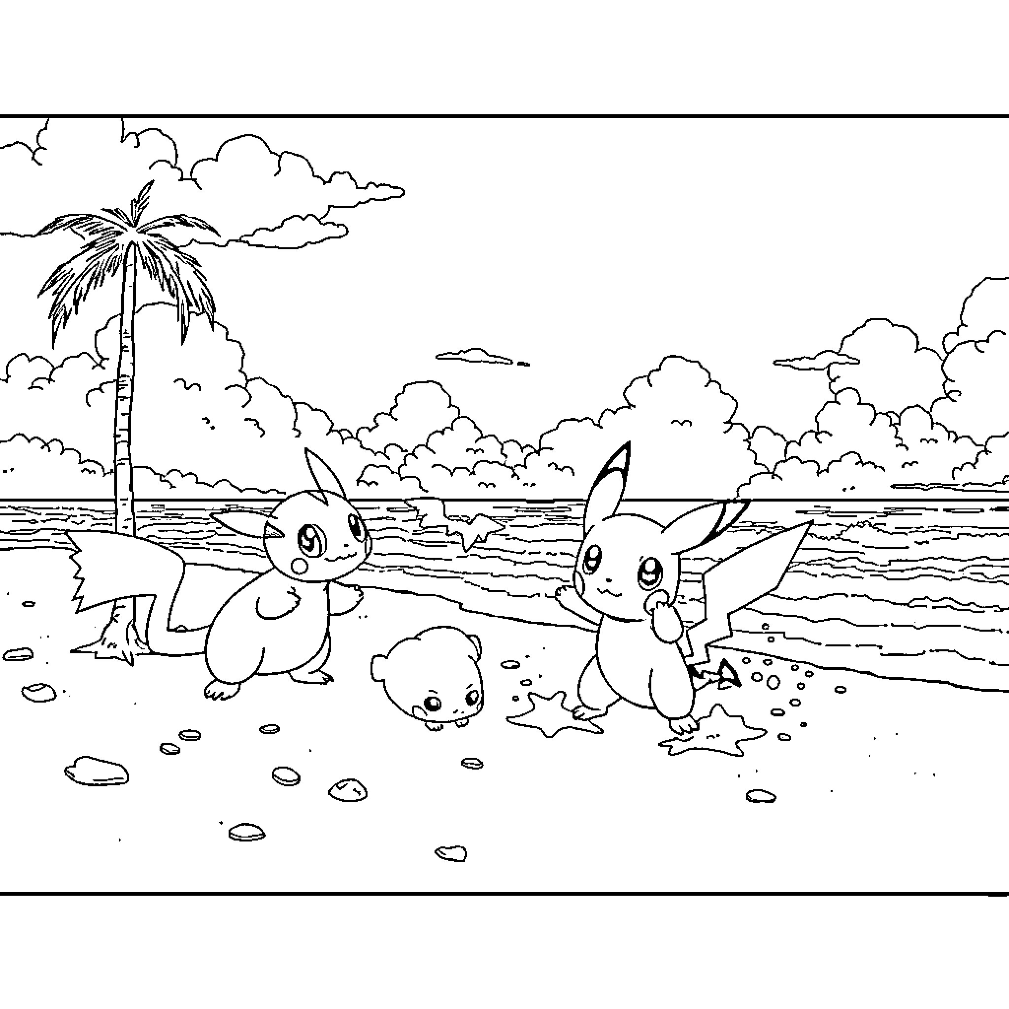 Pokémon Enjoying a Beach Vacation Coloring Page (free black-and-white line drawing printable PDF for all, from beginners to advanced learners, including children, teens, adults, and seniors)