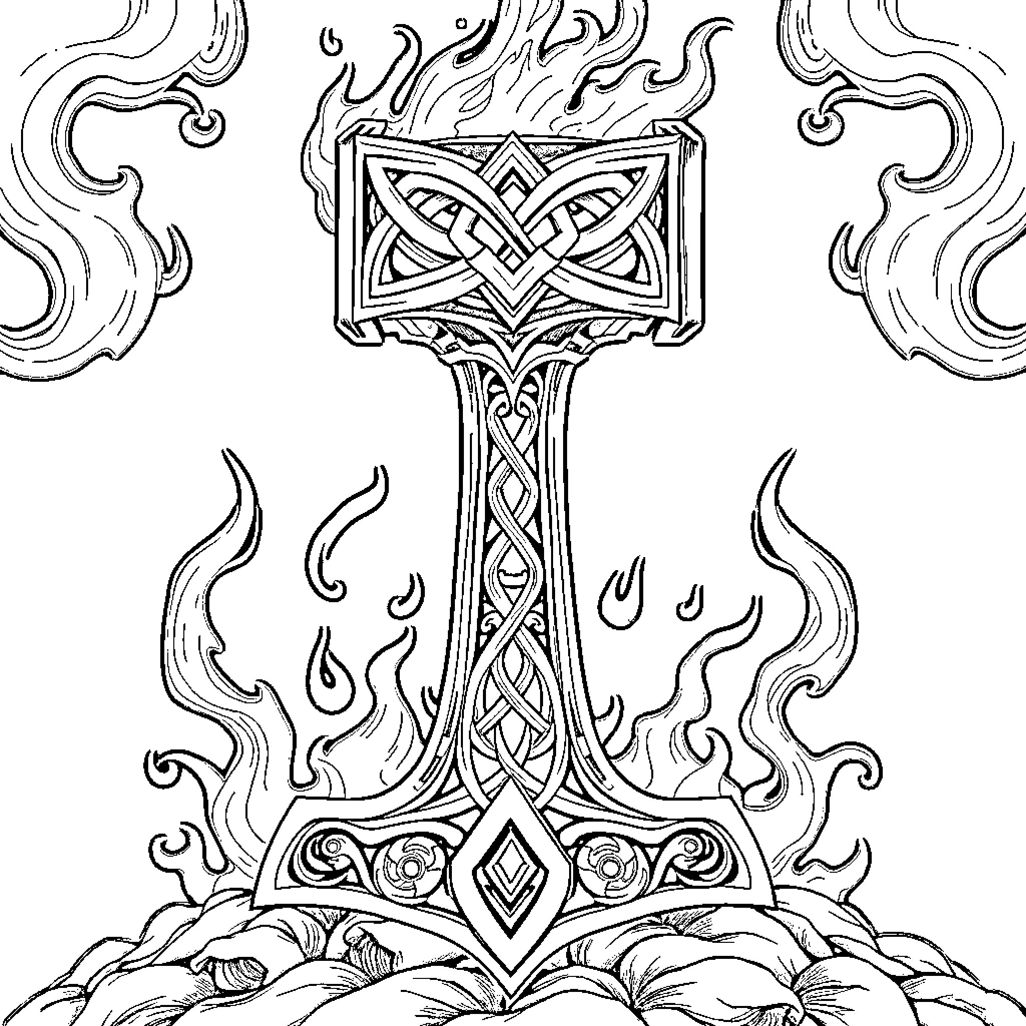 Hammer of the Norse Gods Coloring Page (free black-and-white line drawing printable PDF for all, from beginners to advanced learners, including children, teens, adults, and seniors)