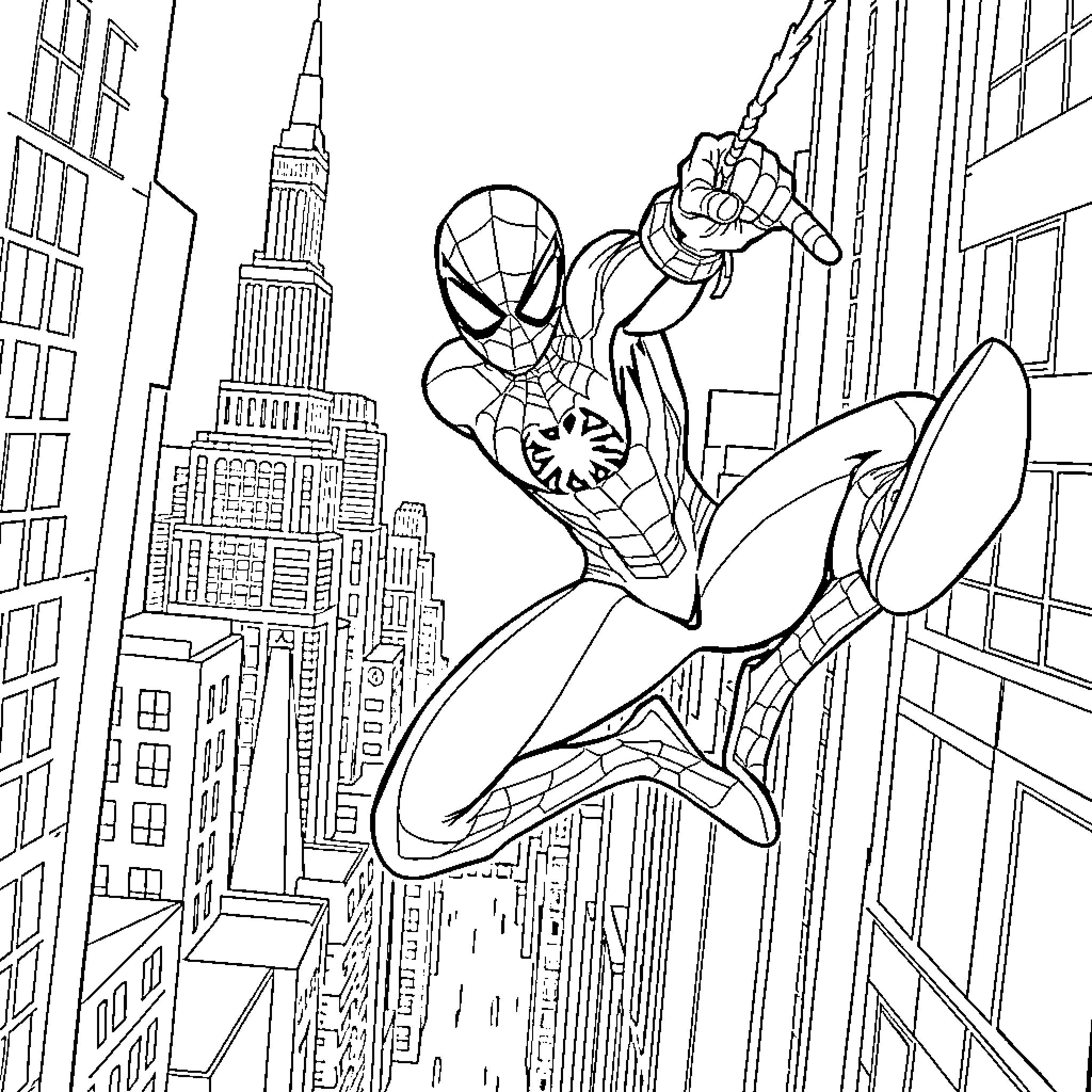 Spider-Man swinging through the city skyline Coloring Page (free black-and-white line drawing printable PDF for all, from beginners to advanced learners, including children, teens, adults, and seniors)