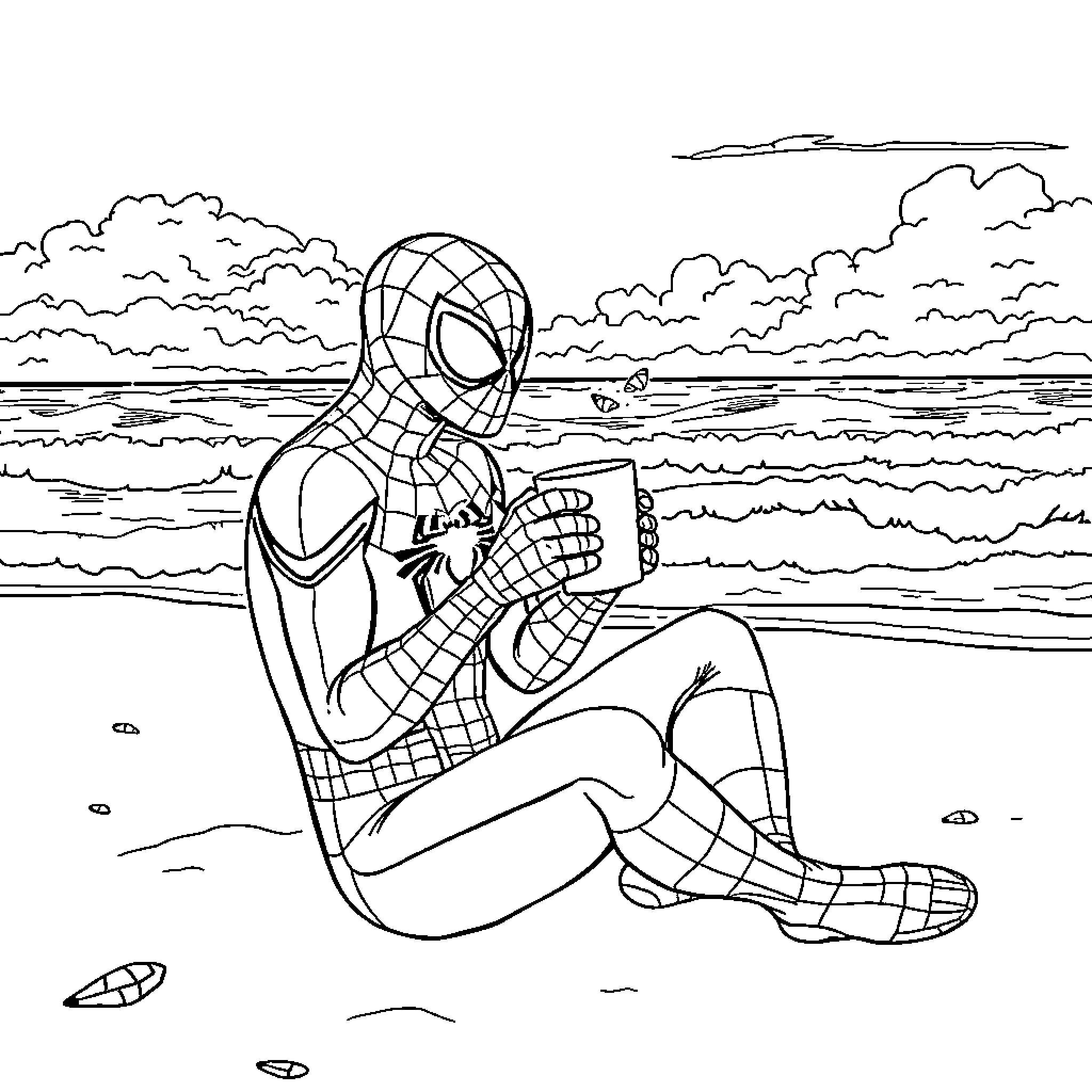 Spiderman relaxing on the beach Coloring Page (free black-and-white line drawing printable PDF for all, from beginners to advanced learners, including children, teens, adults, and seniors)