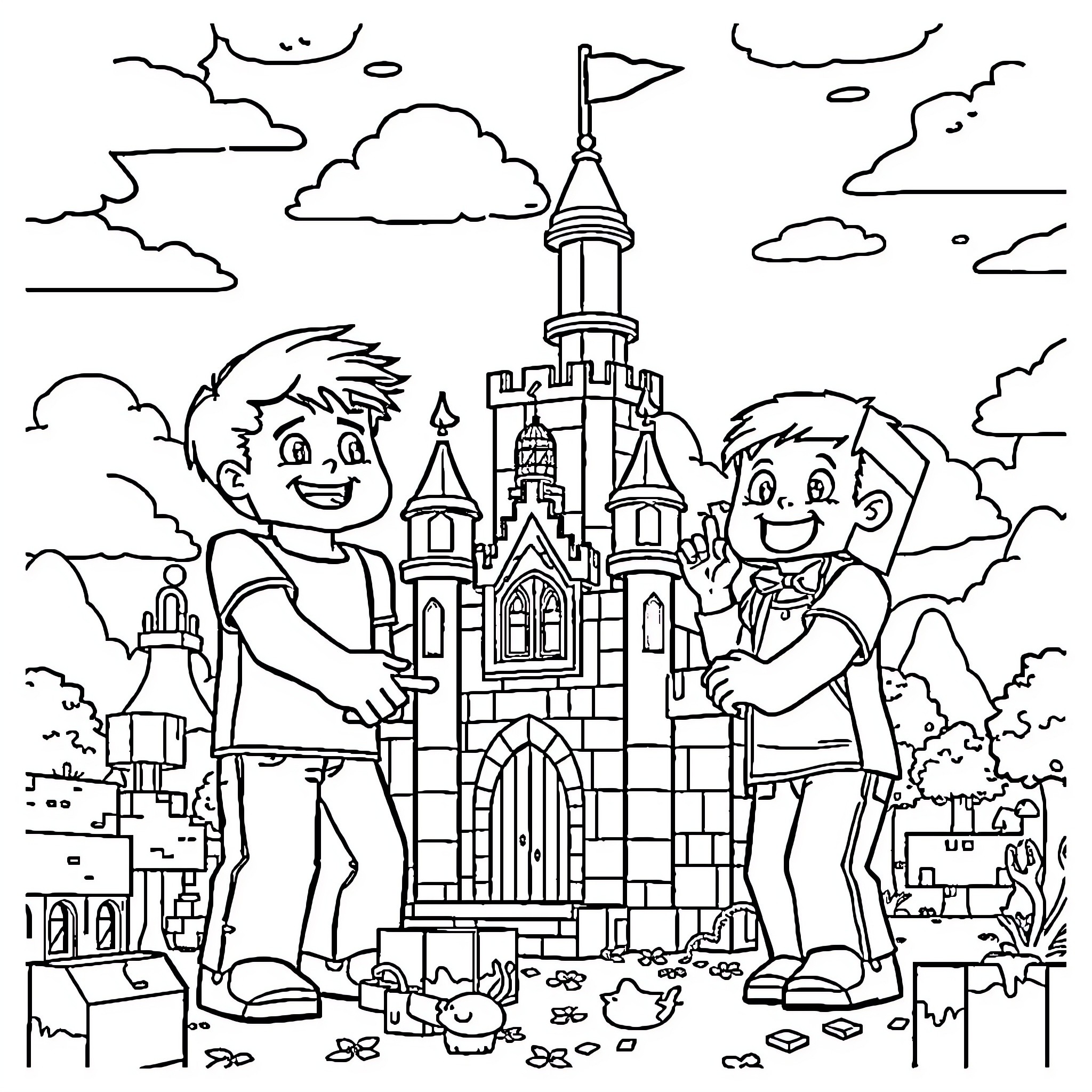 Brothers exploring the magical castle together Coloring Page (free black-and-white line drawing printable PDF for all, from beginners to advanced learners, including children, teens, adults, and seniors)