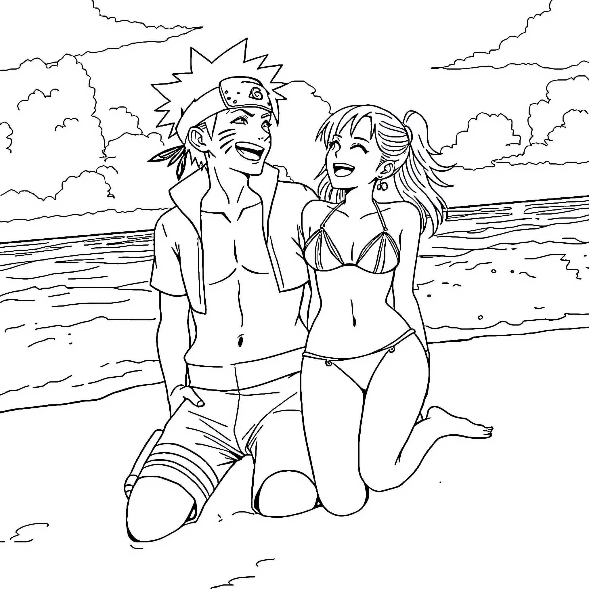 Naruto and Sakura enjoying a beach outing Coloring Page (free black-and-white line drawing printable PDF for all, from beginners to advanced learners, including children, teens, adults, and seniors)