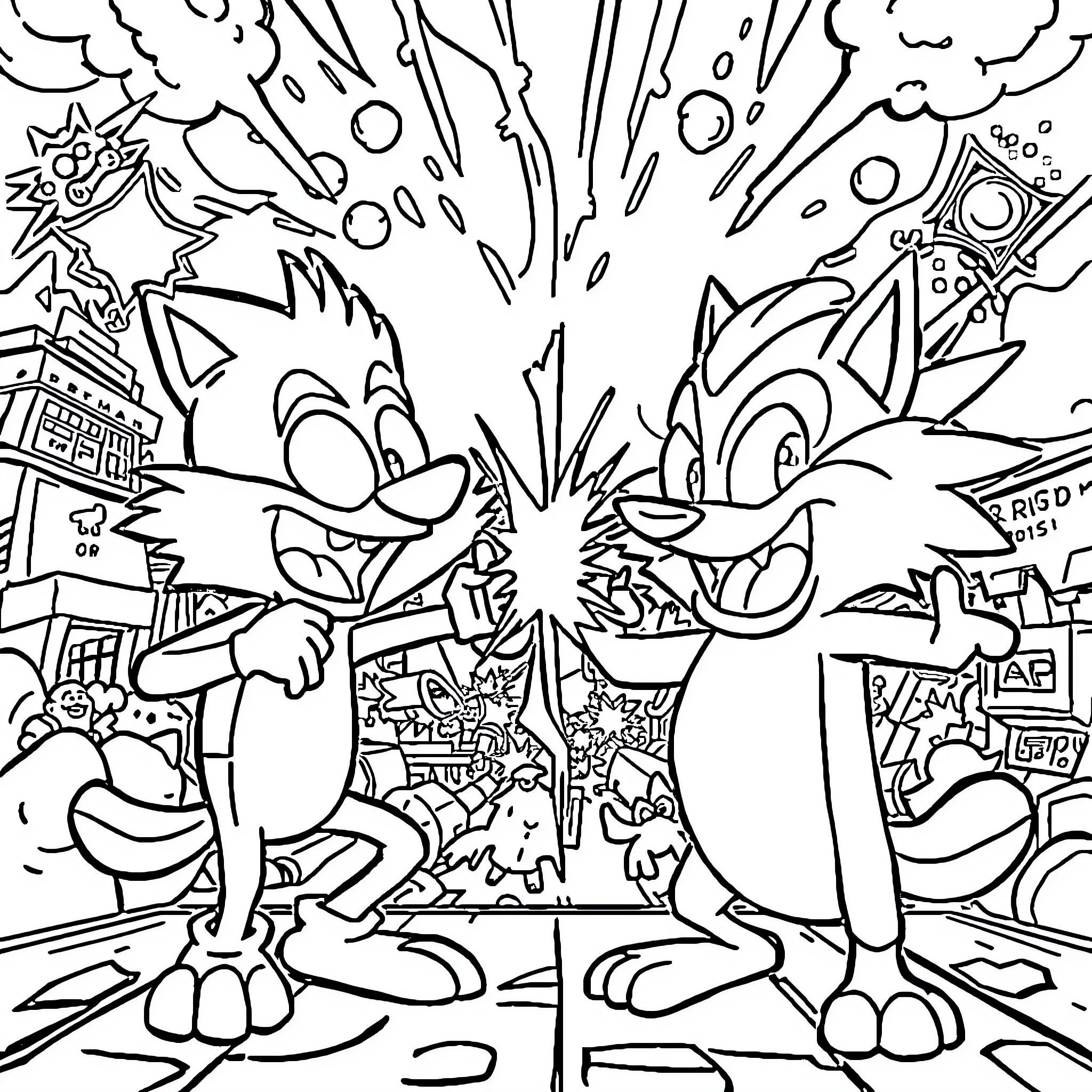 Mordecai and Rigby in a Zany Cartoon Adventure Coloring Page (free black-and-white line drawing printable PDF for all, from beginners to advanced learners, including children, teens, adults, and seniors)
