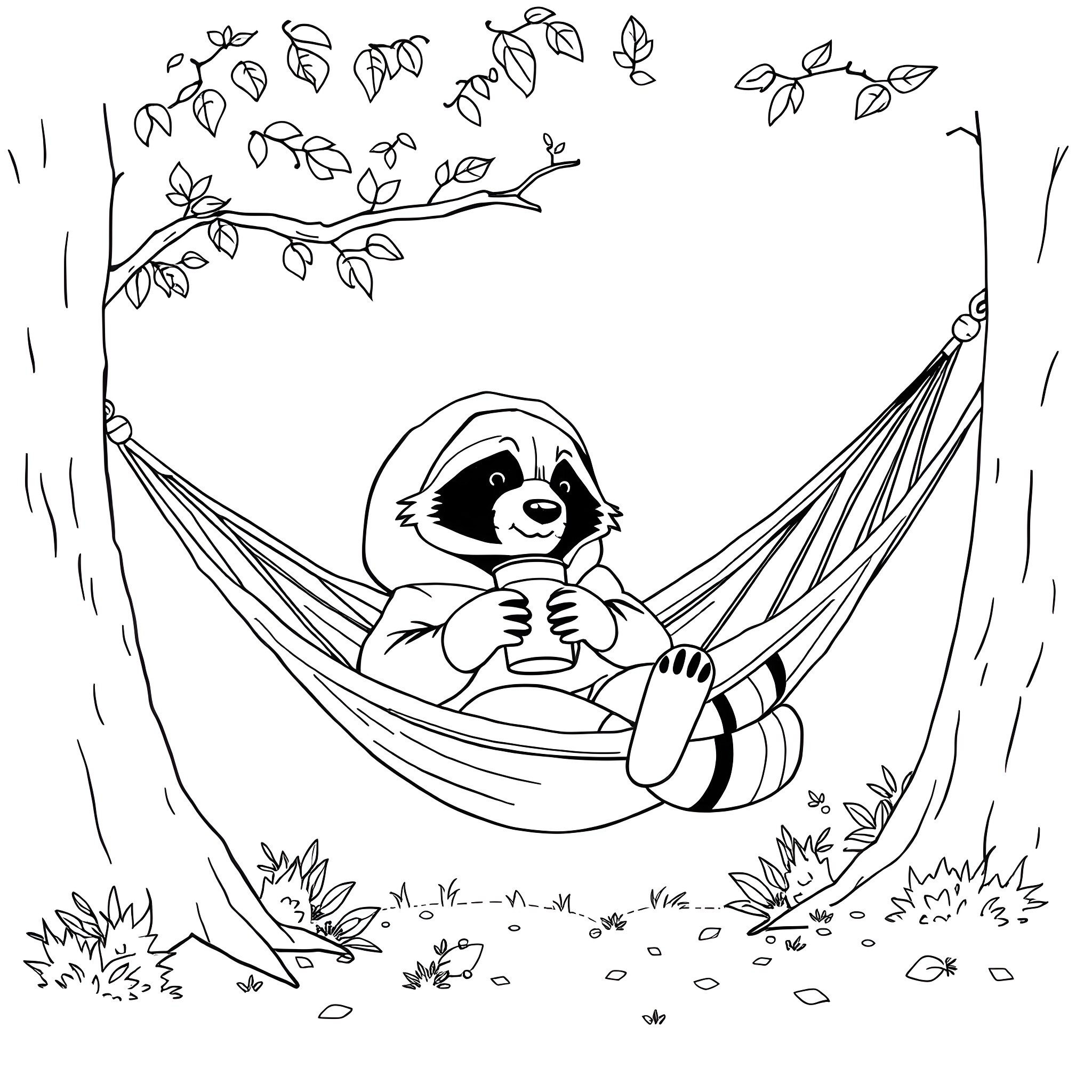 Raccoon relaxing peacefully in a hammock under the trees Coloring Page (free black-and-white line drawing printable PDF for all, from beginners to advanced learners, including children, teens, adults, and seniors)