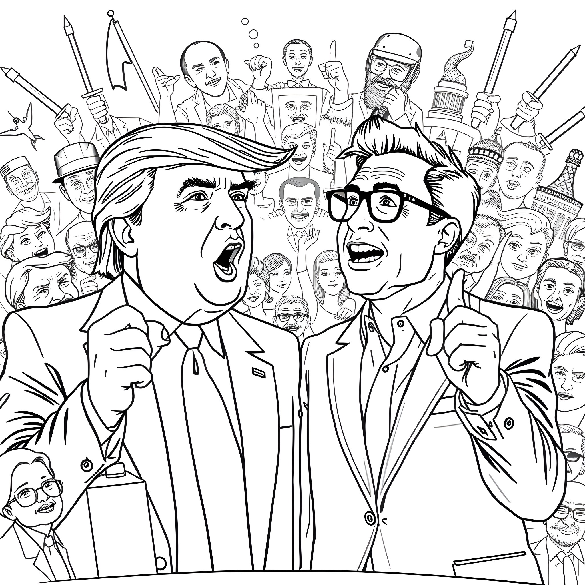 Trump Supporters Expressing Strong Emotions Coloring Page (free black-and-white line drawing printable PDF for all, from beginners to advanced learners, including children, teens, adults, and seniors)