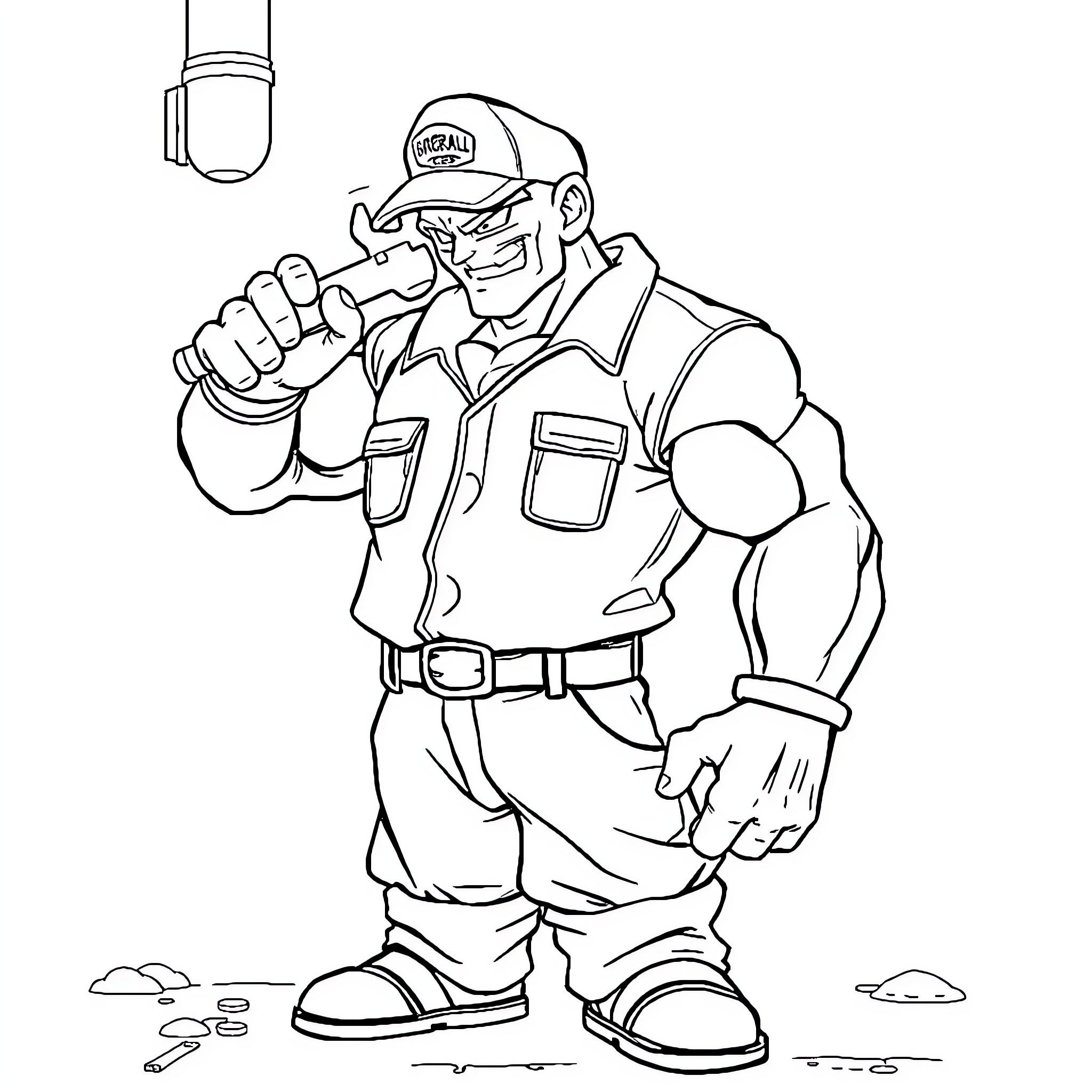 Freeza Construction Worker Wielding Powerful Tool Coloring Page (free black-and-white line drawing printable PDF for all, from beginners to advanced learners, including children, teens, adults, and seniors)