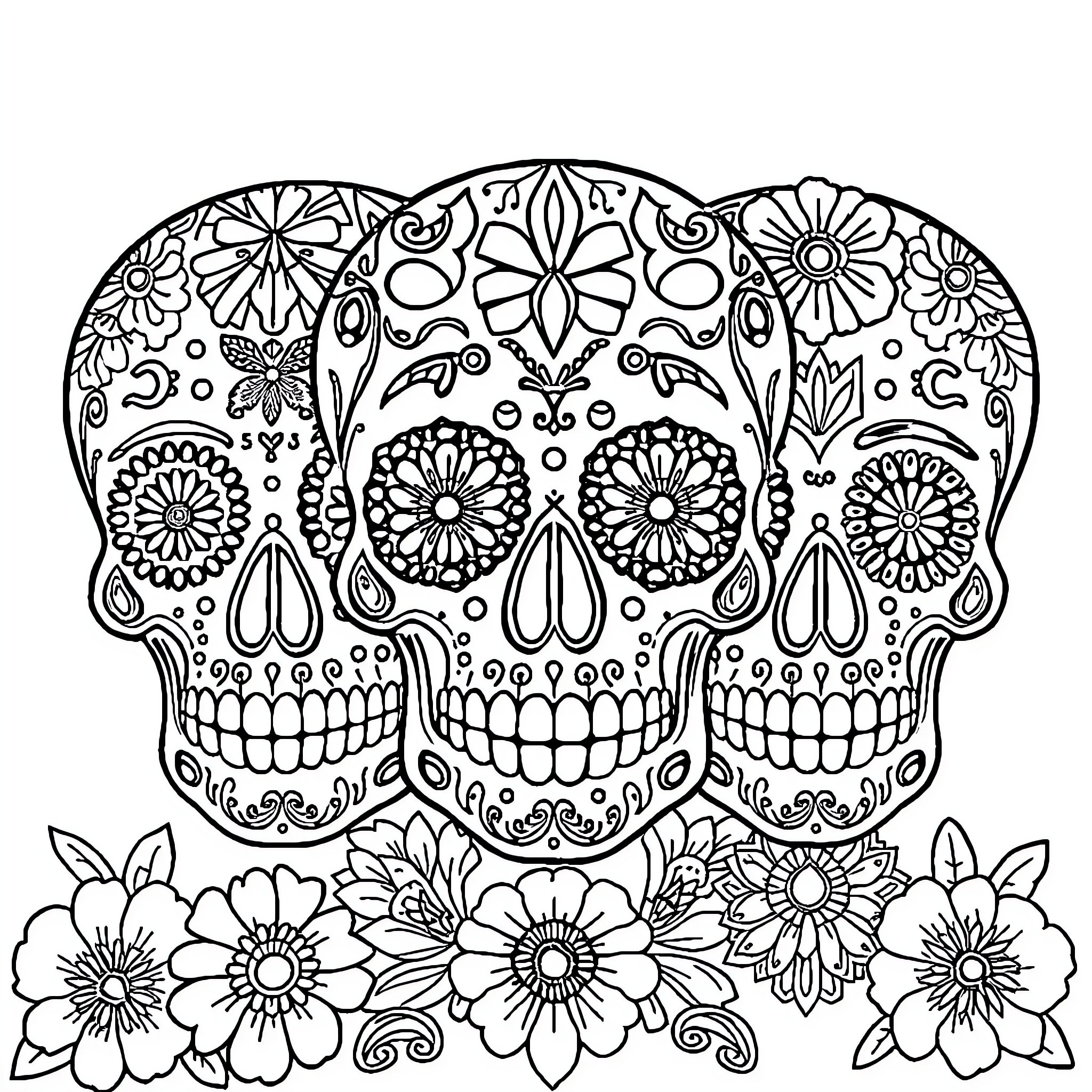 Sugar Skull Trio Adorned with Intricate Floral Patterns Coloring Page (free black-and-white line drawing printable PDF for all, from beginners to advanced learners, including children, teens, adults, and seniors)
