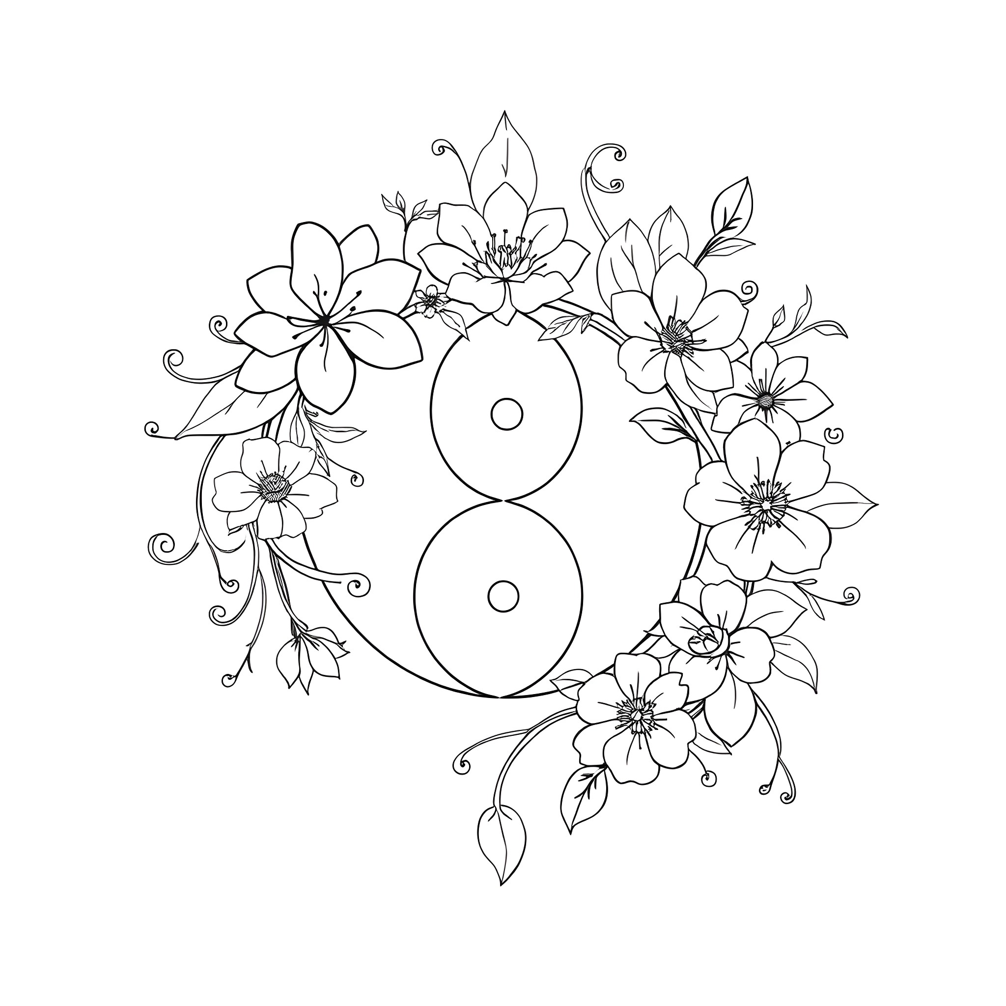 Yin Yang Floral Symmetry Coloring Page (free black-and-white line drawing printable PDF for all, from beginners to advanced learners, including children, teens, adults, and seniors)
