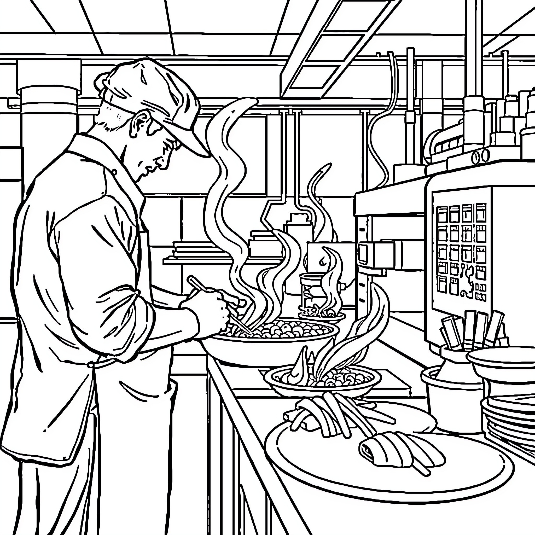 Worker cooking a meal in a busy kitchen Coloring Page (free black-and-white line drawing printable PDF for all, from beginners to advanced learners, including children, teens, adults, and seniors)