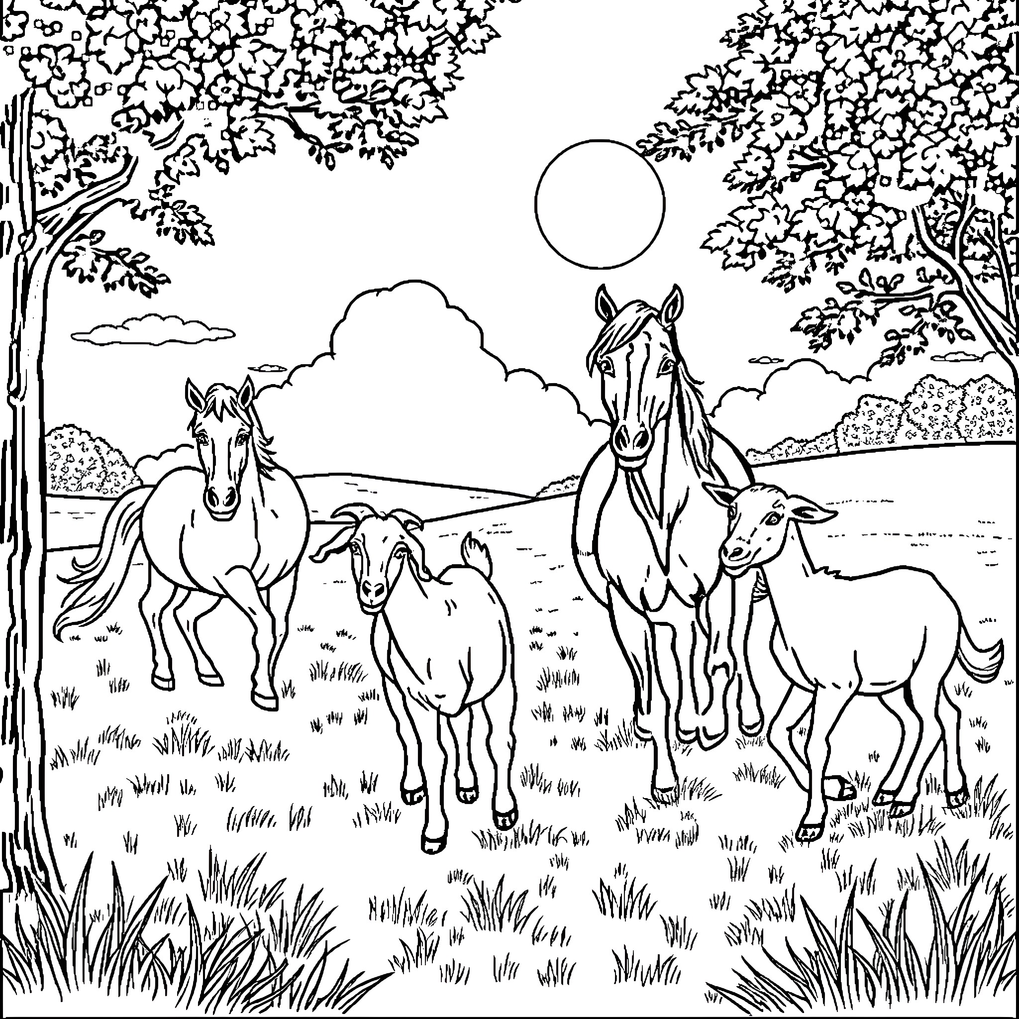 Horse herd grazing peacefully in the meadow Coloring Page (free black-and-white line drawing printable PDF for all, from beginners to advanced learners, including children, teens, adults, and seniors)