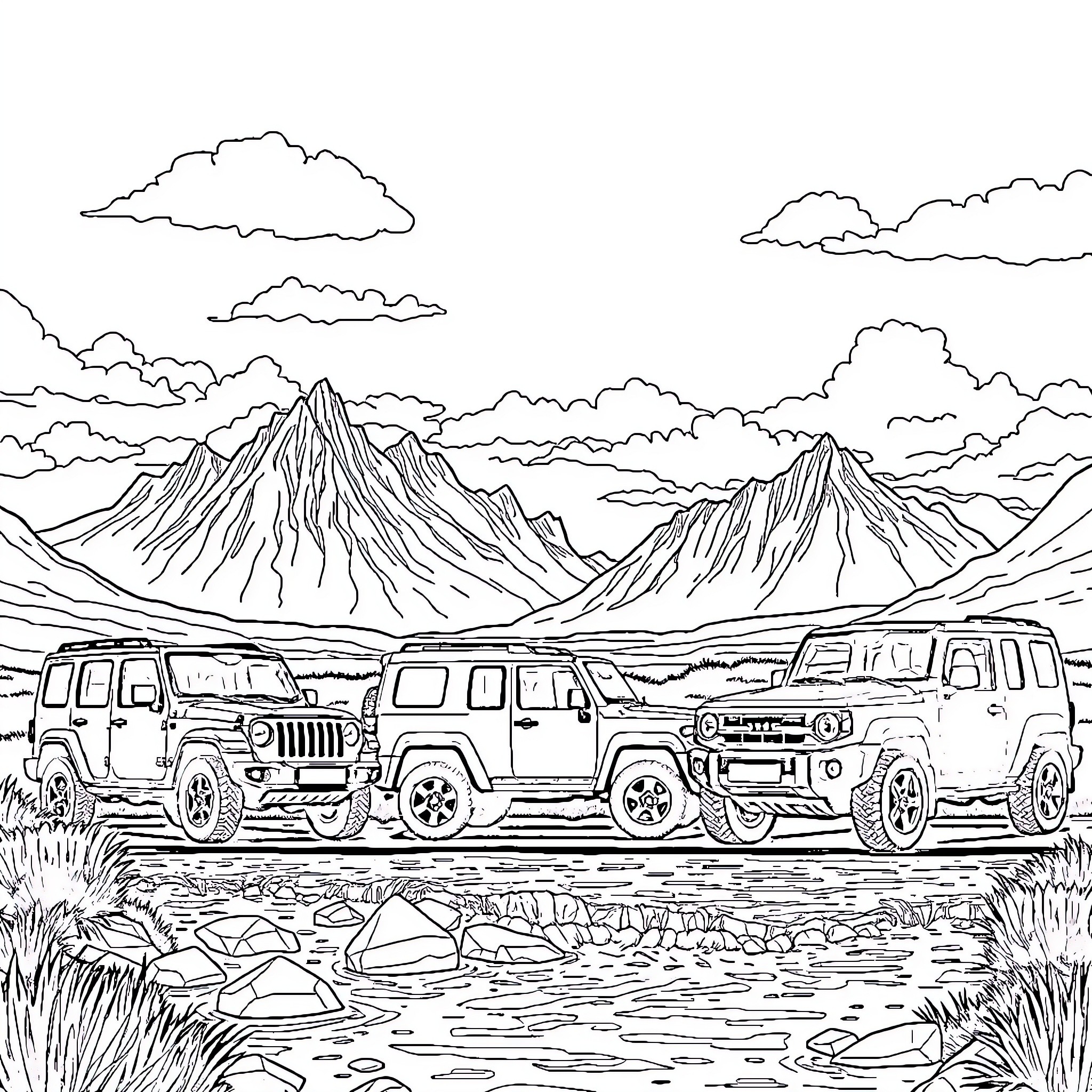 Vehicle Convoy Traversing Rugged Mountainous Terrain Coloring Page (free black-and-white line drawing printable PDF for all, from beginners to advanced learners, including children, teens, adults, and seniors)