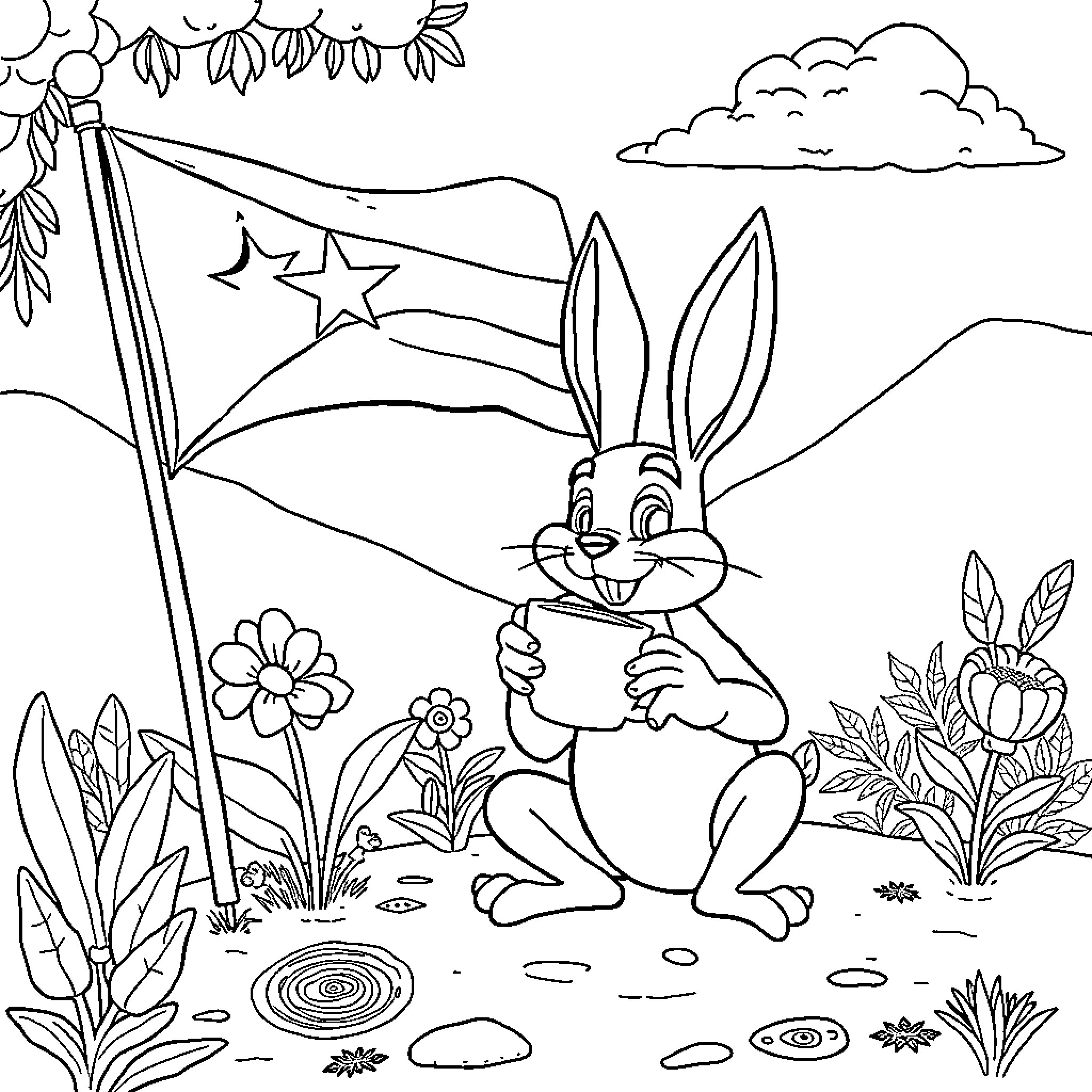 Bad Bunny celebrates with flag in the countryside Coloring Page (free black-and-white line drawing printable PDF for all, from beginners to advanced learners, including children, teens, adults, and seniors)