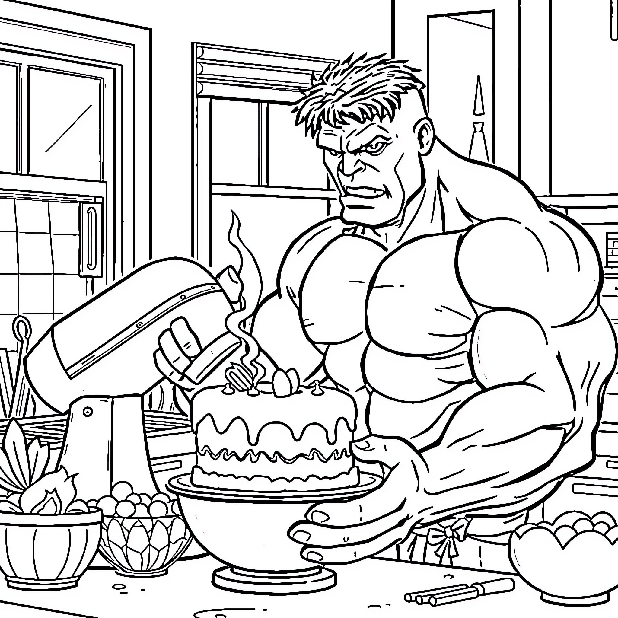 Hulk preparing a delicious-looking cake in the kitchen Coloring Page (free black-and-white line drawing printable PDF for all, from beginners to advanced learners, including children, teens, adults, and seniors)