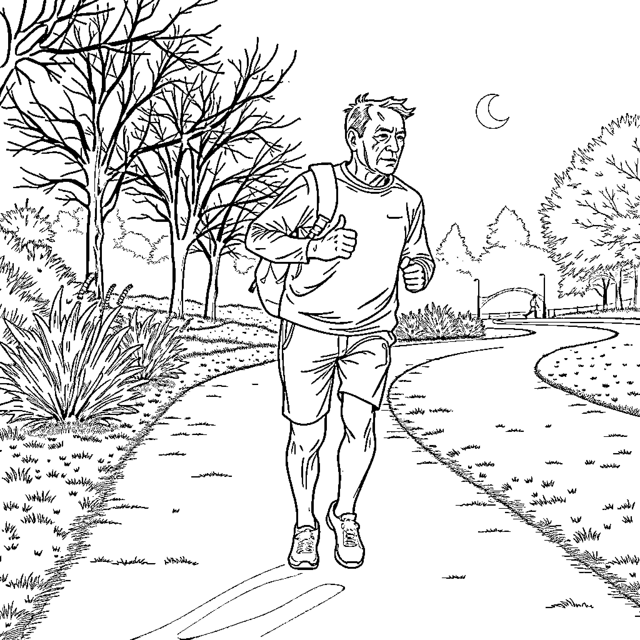 Man jogging on a path through the park Coloring Page (free black-and-white line drawing printable PDF for all, from beginners to advanced learners, including children, teens, adults, and seniors)
