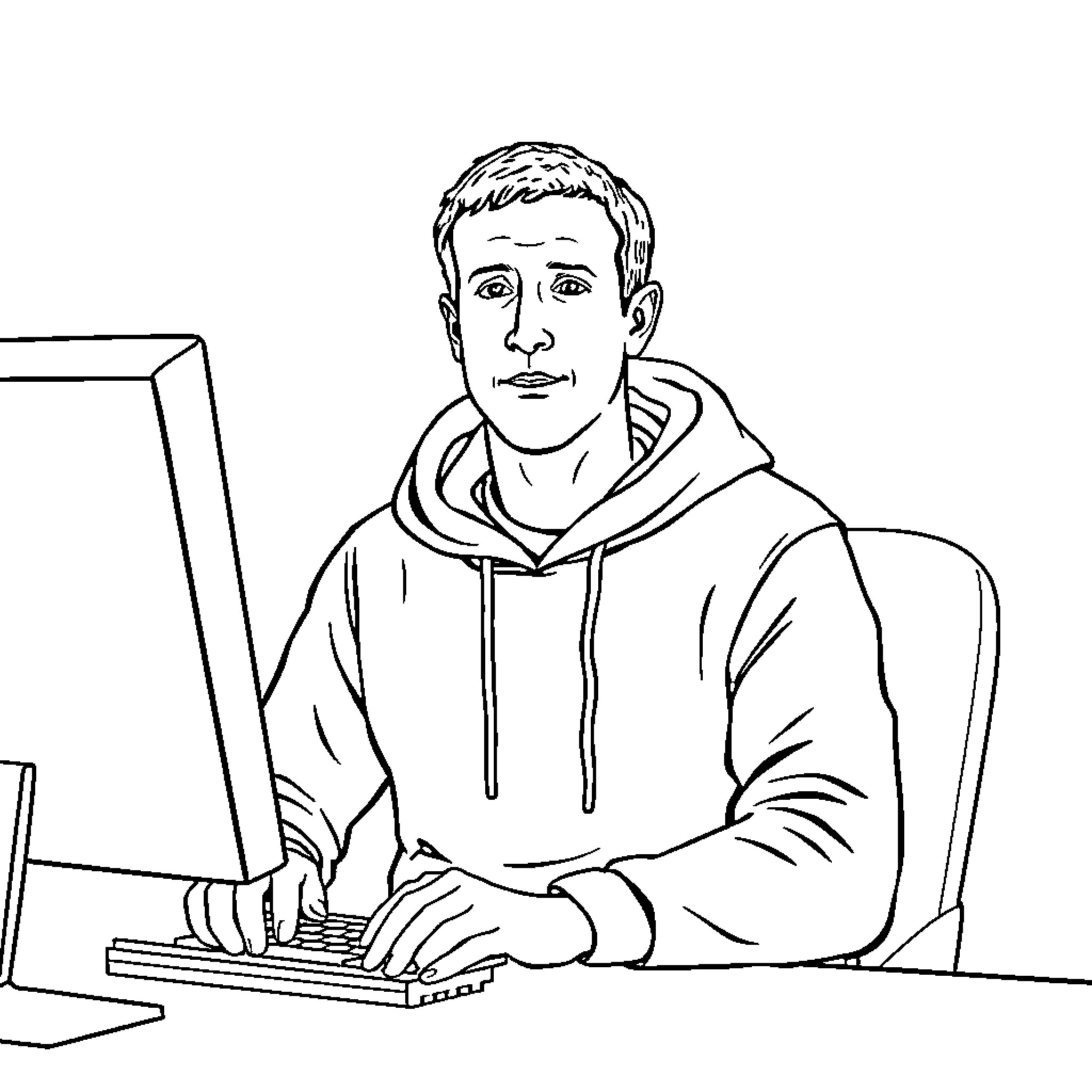Mark Zuckerberg working intently at computer Coloring Page (free black-and-white line drawing printable PDF for all, from beginners to advanced learners, including children, teens, adults, and seniors)