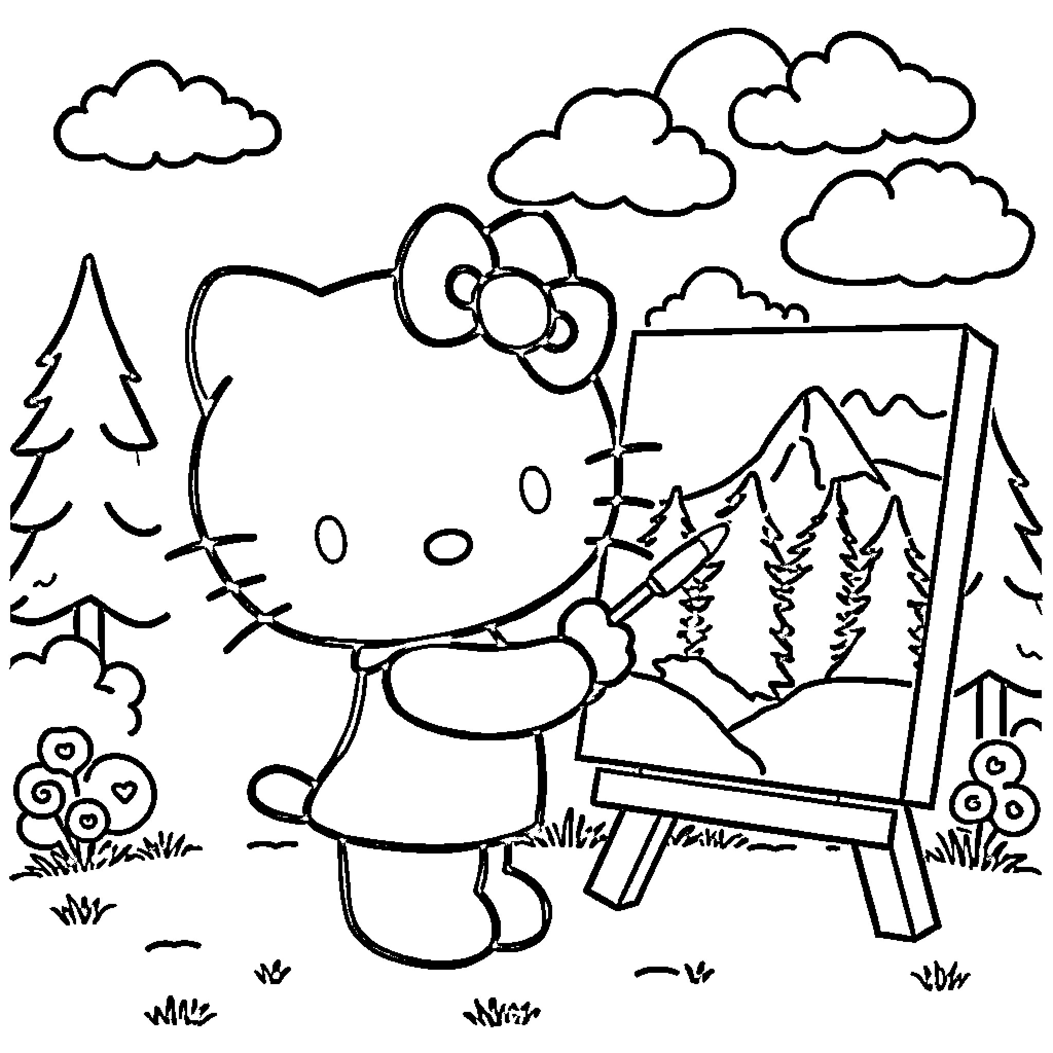 Hello Kitty Painting Outdoors in Nature Coloring Page (free black-and-white line drawing printable PDF for all, from beginners to advanced learners, including children, teens, adults, and seniors)