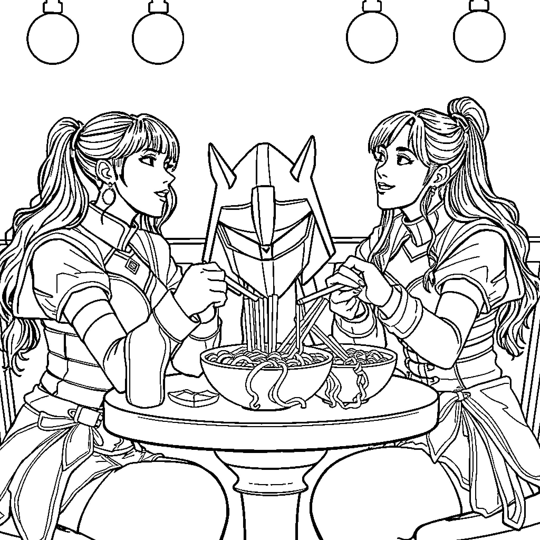 K-Pop Warriors Sharing a Meal Together Coloring Page (free black-and-white line drawing printable PDF for all, from beginners to advanced learners, including children, teens, adults, and seniors)