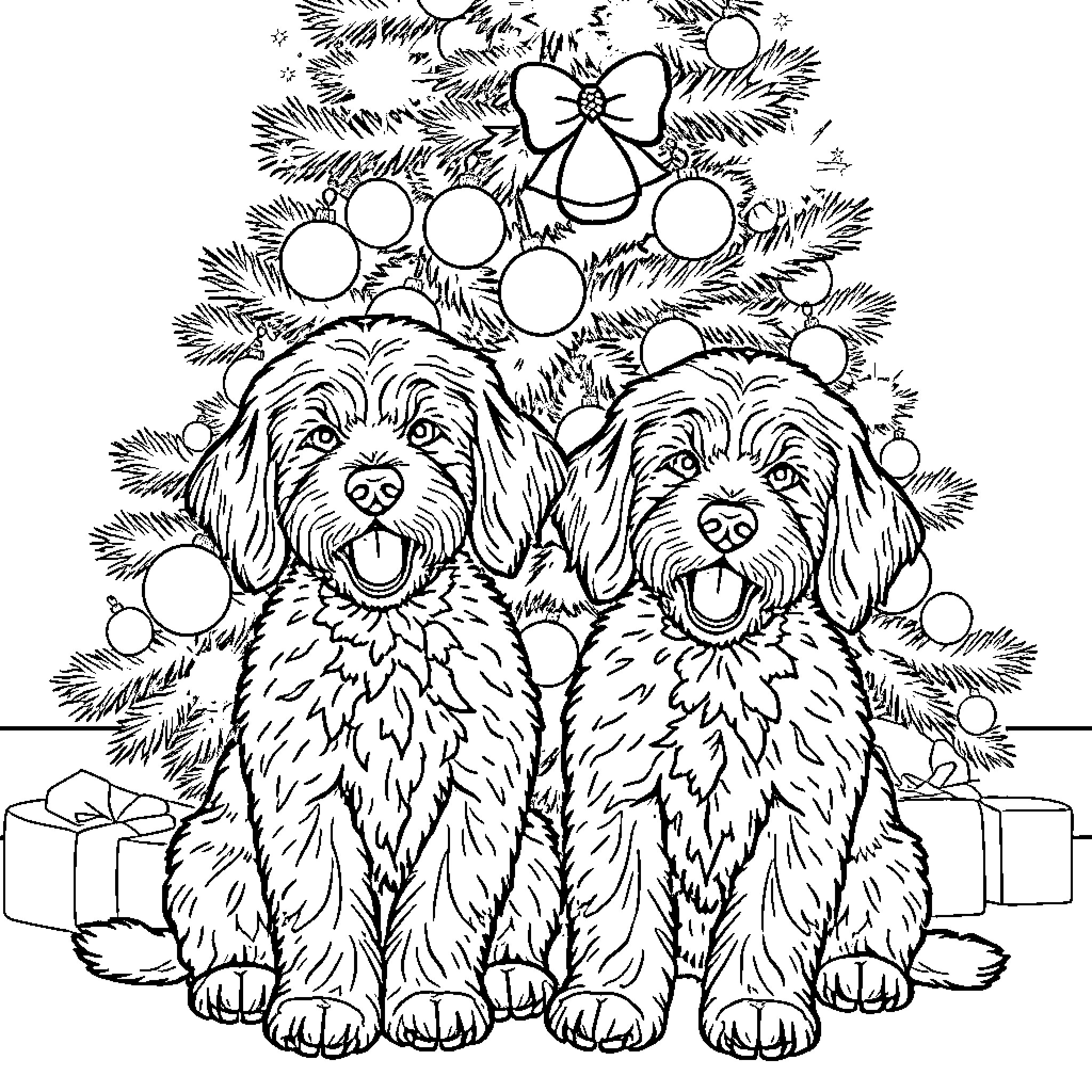 Doodle of Cheerful Canine Companions in Christmas Setting Coloring Page (free black-and-white line drawing printable PDF for all, from beginners to advanced learners, including children, teens, adults, and seniors)