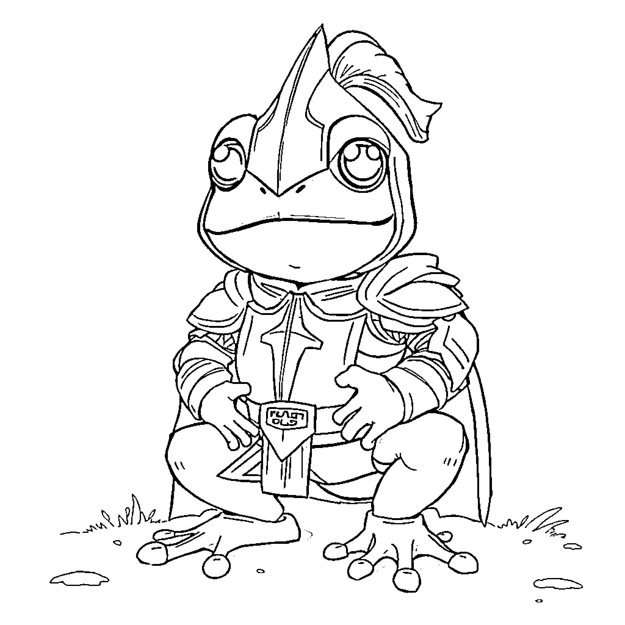 Frog knight with sword in the field Coloring Page (free black-and-white line drawing printable PDF for all, from beginners to advanced learners, including children, teens, adults, and seniors)