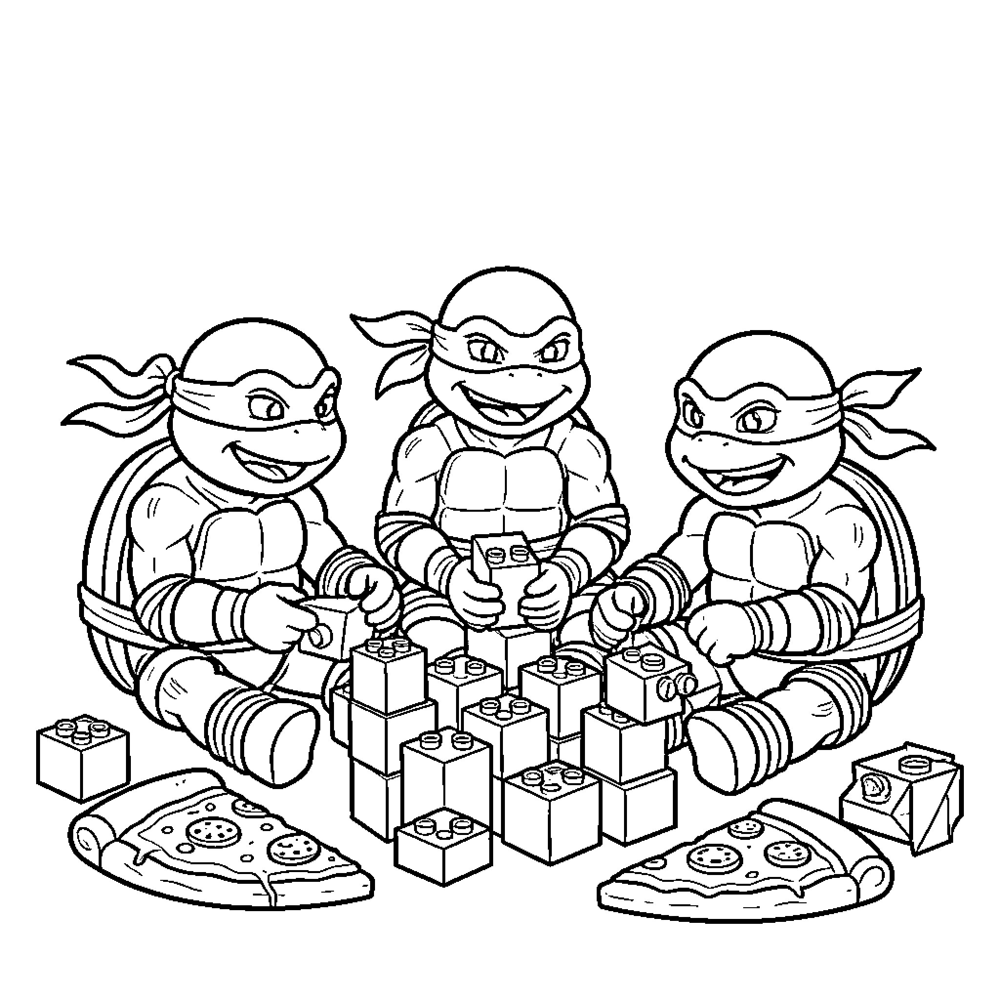 Ninja Turtles Playing with Building Blocks and Pizza Coloring Page (free black-and-white line drawing printable PDF for all, from beginners to advanced learners, including children, teens, adults, and seniors)