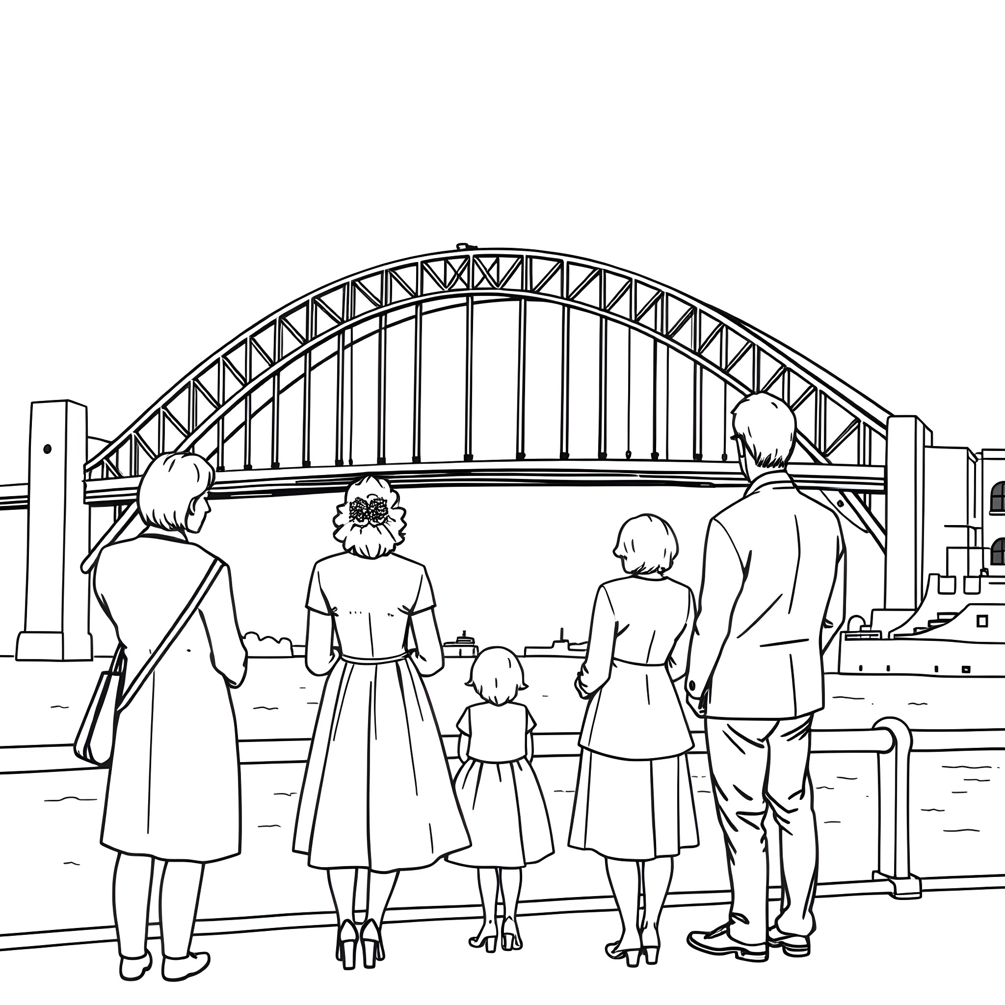 Royal Family Admiring Iconic Bridge in City Coloring Page (free black-and-white line drawing printable PDF for all, from beginners to advanced learners, including children, teens, adults, and seniors)