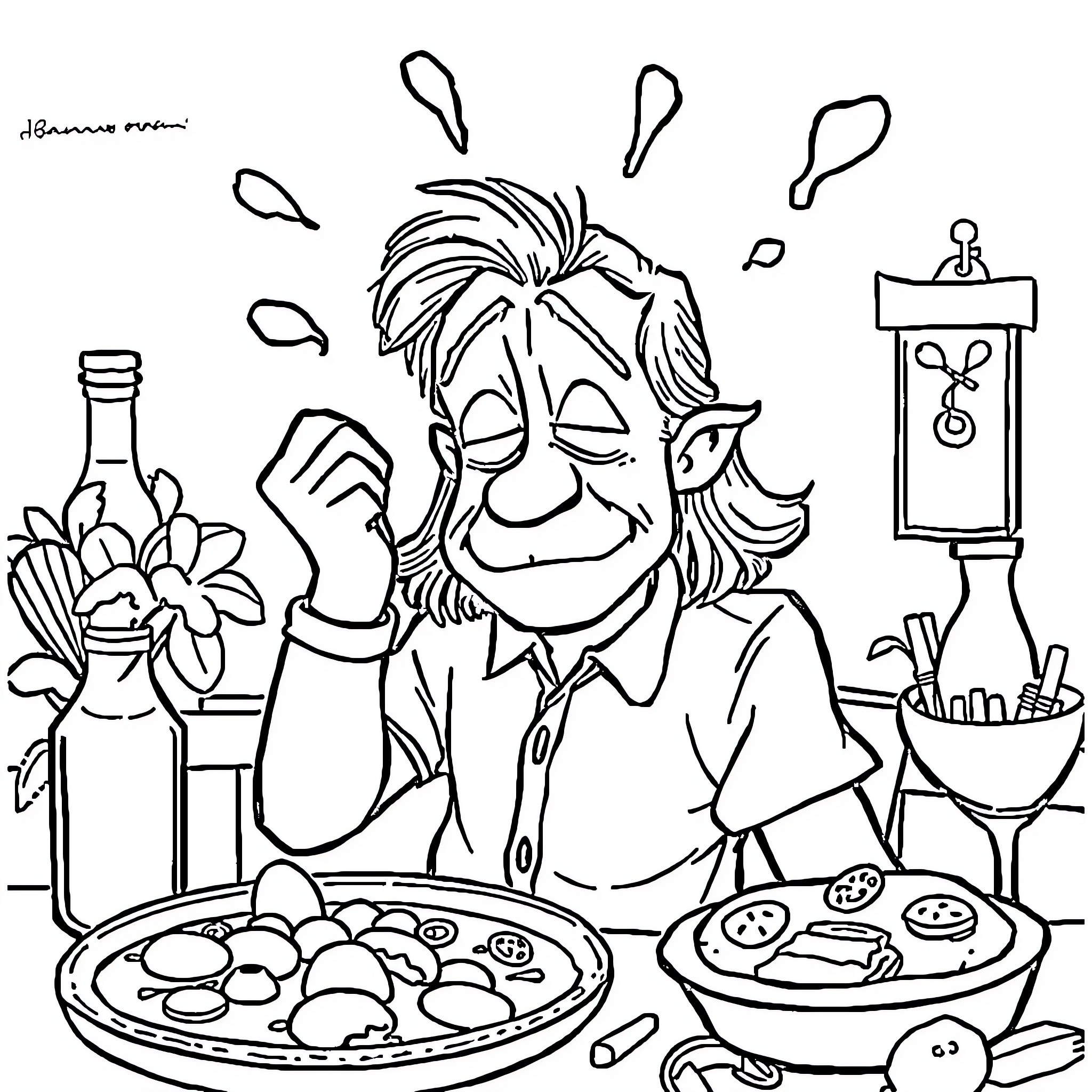 Brain cooking a meal with culinary expressions Coloring Page (free black-and-white line drawing printable PDF for all, from beginners to advanced learners, including children, teens, adults, and seniors)