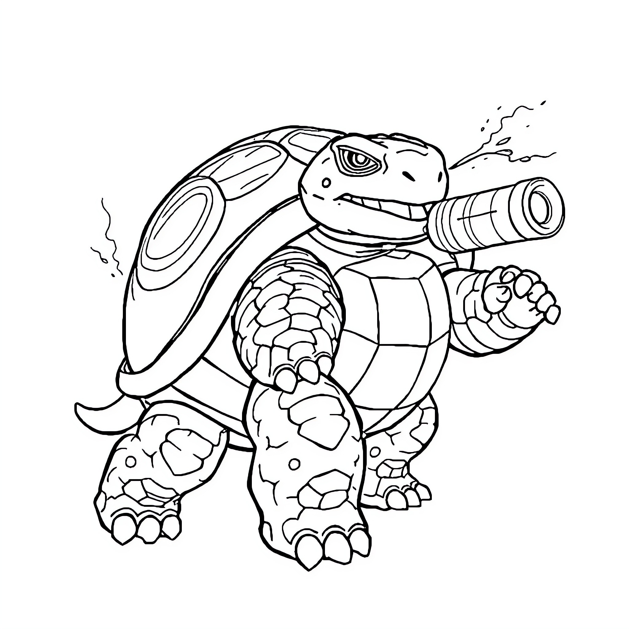 Blastoise using water cannon in battle Coloring Page (free black-and-white line drawing printable PDF for all, from beginners to advanced learners, including children, teens, adults, and seniors)