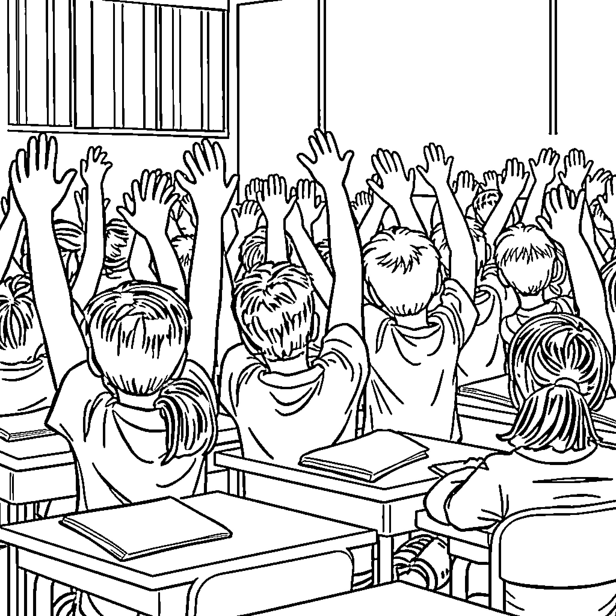 Students raising hands in classroom discussion Coloring Page (free black-and-white line drawing printable PDF for all, from beginners to advanced learners, including children, teens, adults, and seniors)