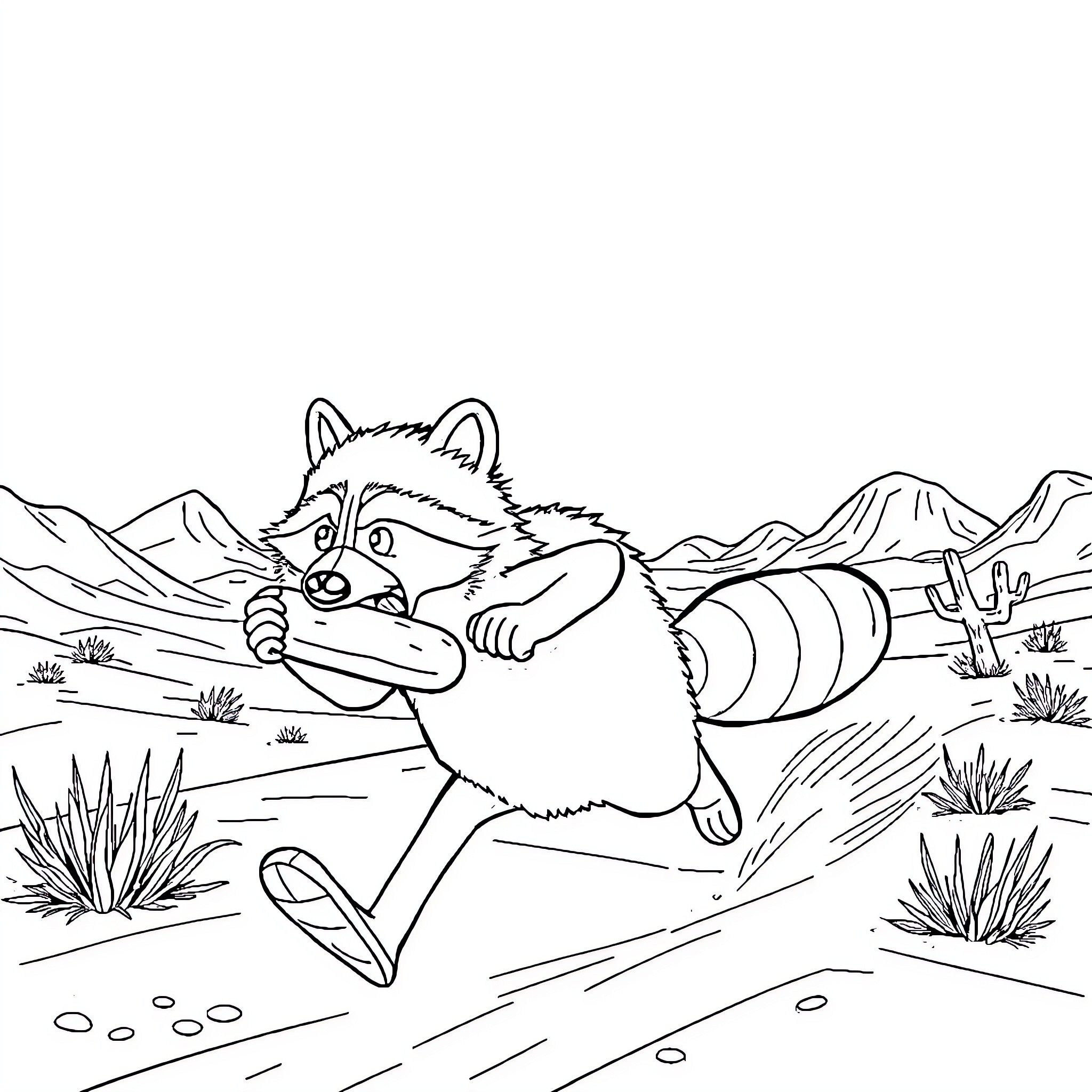 Raccoon running playfully through the desert landscape Coloring Page (free black-and-white line drawing printable PDF for all, from beginners to advanced learners, including children, teens, adults, and seniors)