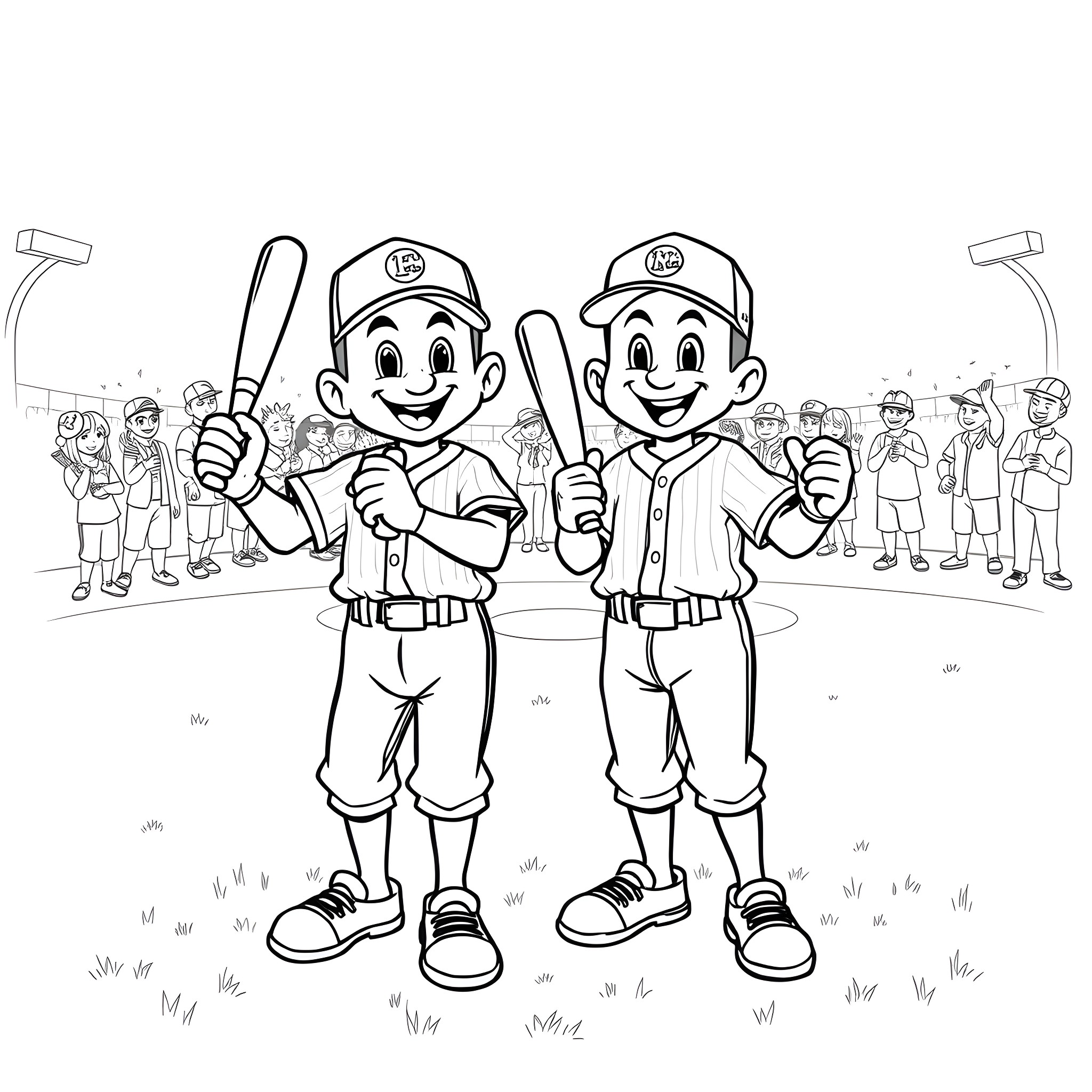 Bluey baseball players on the field Coloring Page (free black-and-white line drawing printable PDF for all, from beginners to advanced learners, including children, teens, adults, and seniors)