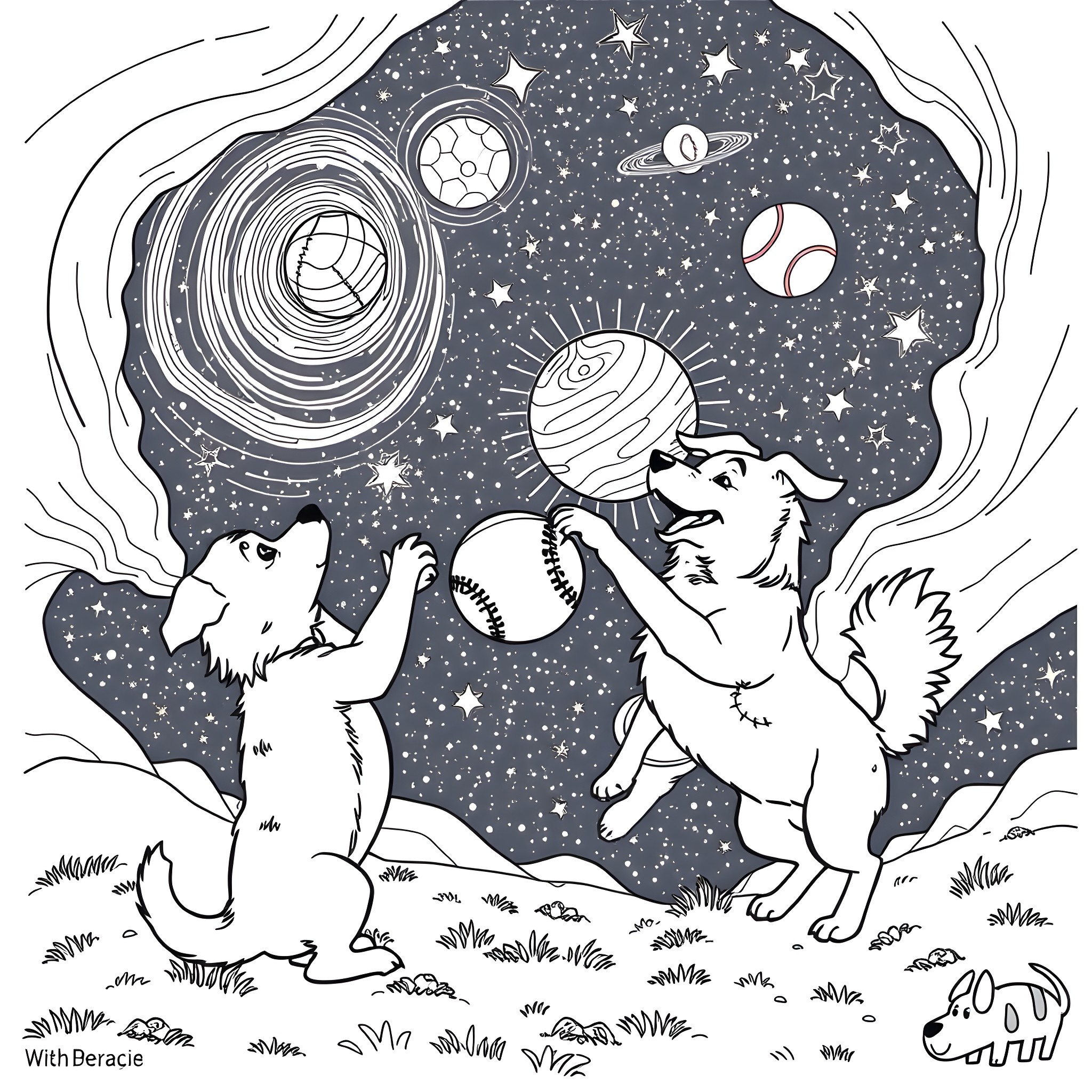 Dogs chasing celestial baseballs in the starry night Coloring Page (free black-and-white line drawing printable PDF for all, from beginners to advanced learners, including children, teens, adults, and seniors)