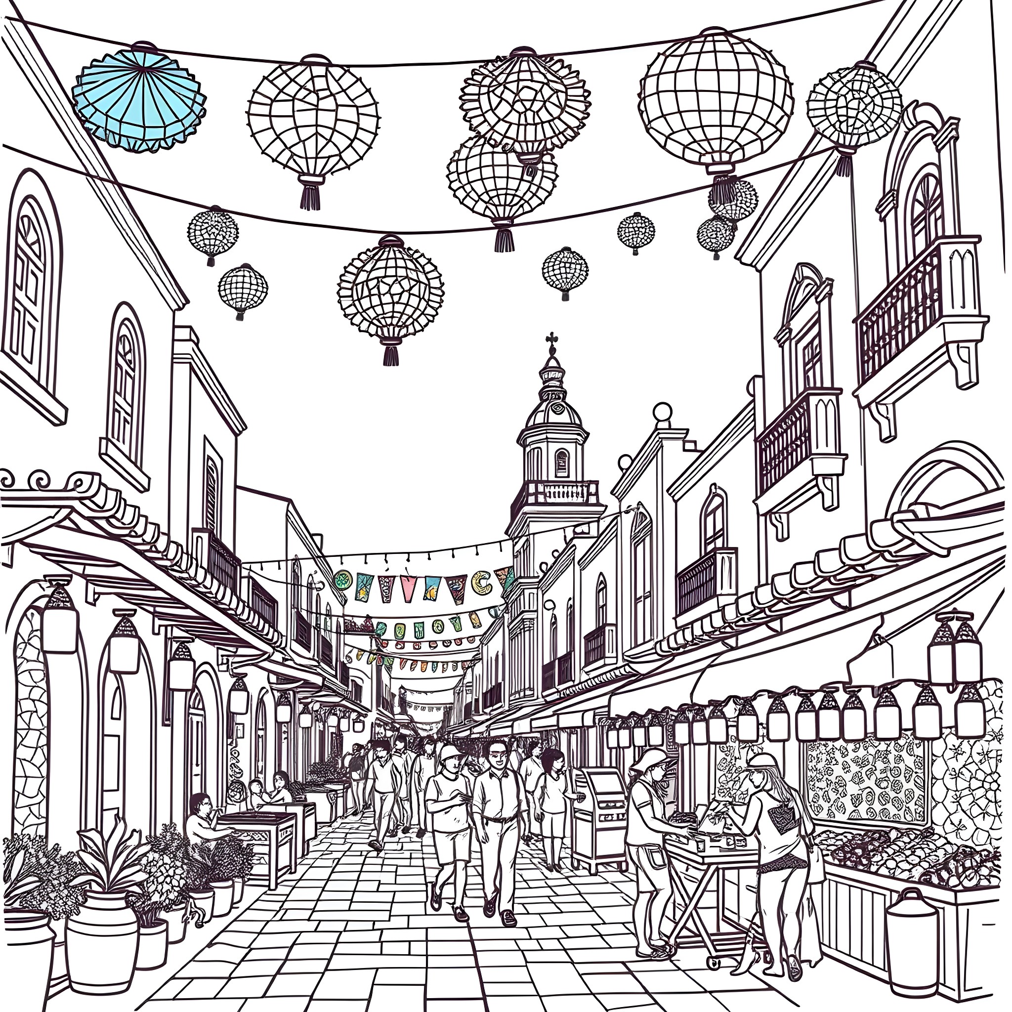 Mexico Market Celebration with Decorative Lanterns Coloring Page (free black-and-white line drawing printable PDF for all, from beginners to advanced learners, including children, teens, adults, and seniors)