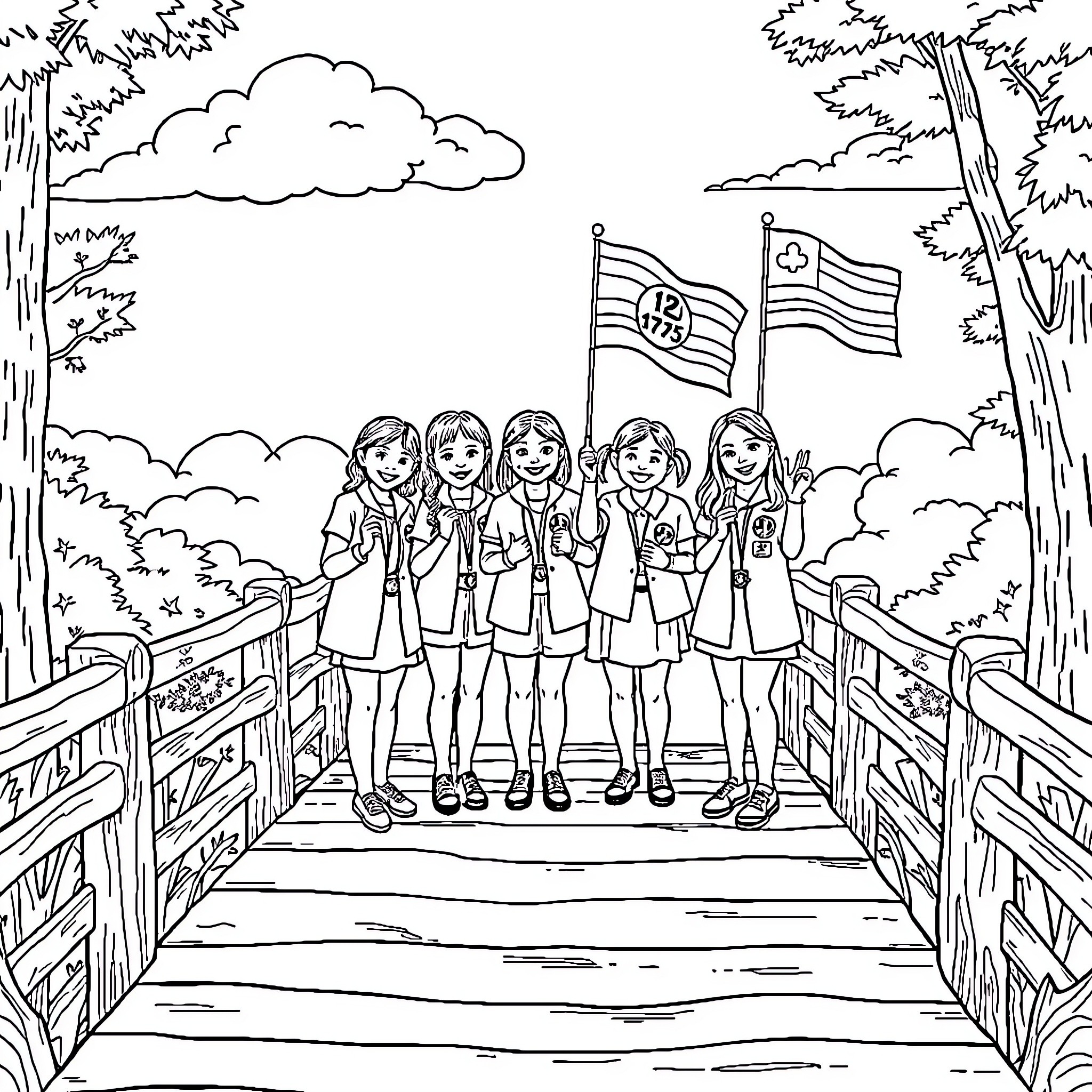 Girl Scout troop enjoying outdoor adventure on bridge Coloring Page (free black-and-white line drawing printable PDF for all, from beginners to advanced learners, including children, teens, adults, and seniors)