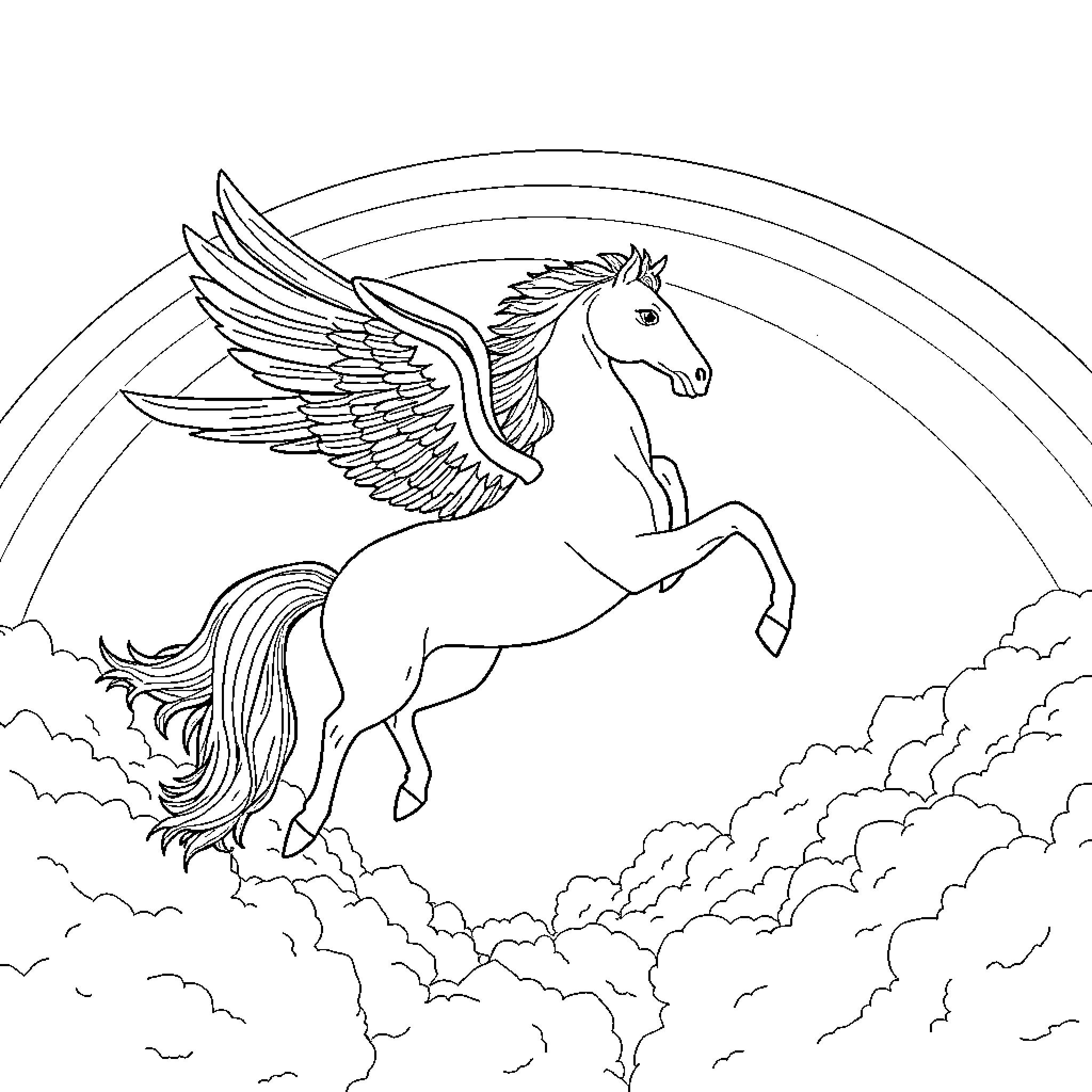 Pegasus soaring through the clouds Coloring Page (free black-and-white line drawing printable PDF for all, from beginners to advanced learners, including children, teens, adults, and seniors)