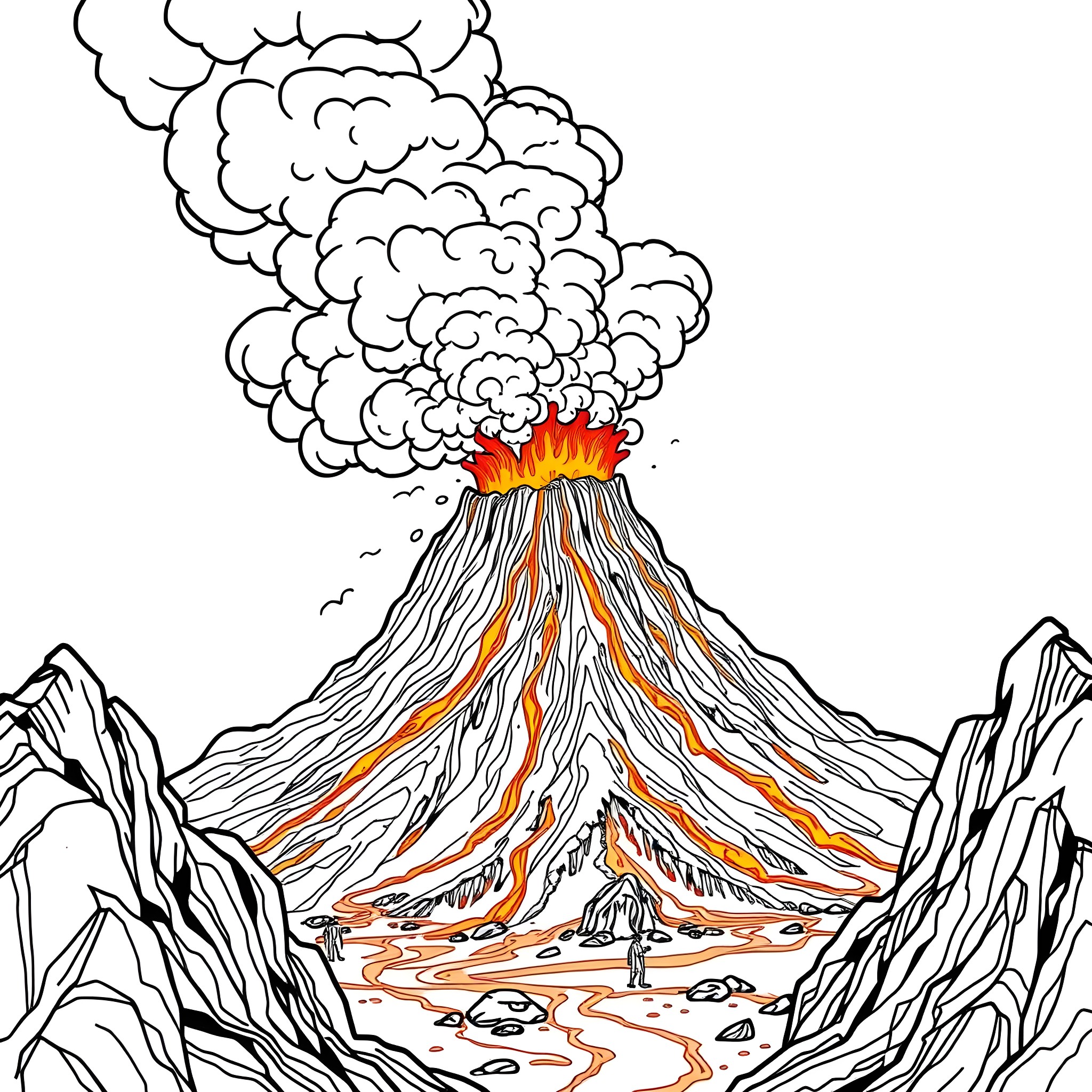 Volcano erupting with smoke and lava Coloring Page (free black-and-white line drawing printable PDF for all, from beginners to advanced learners, including children, teens, adults, and seniors)