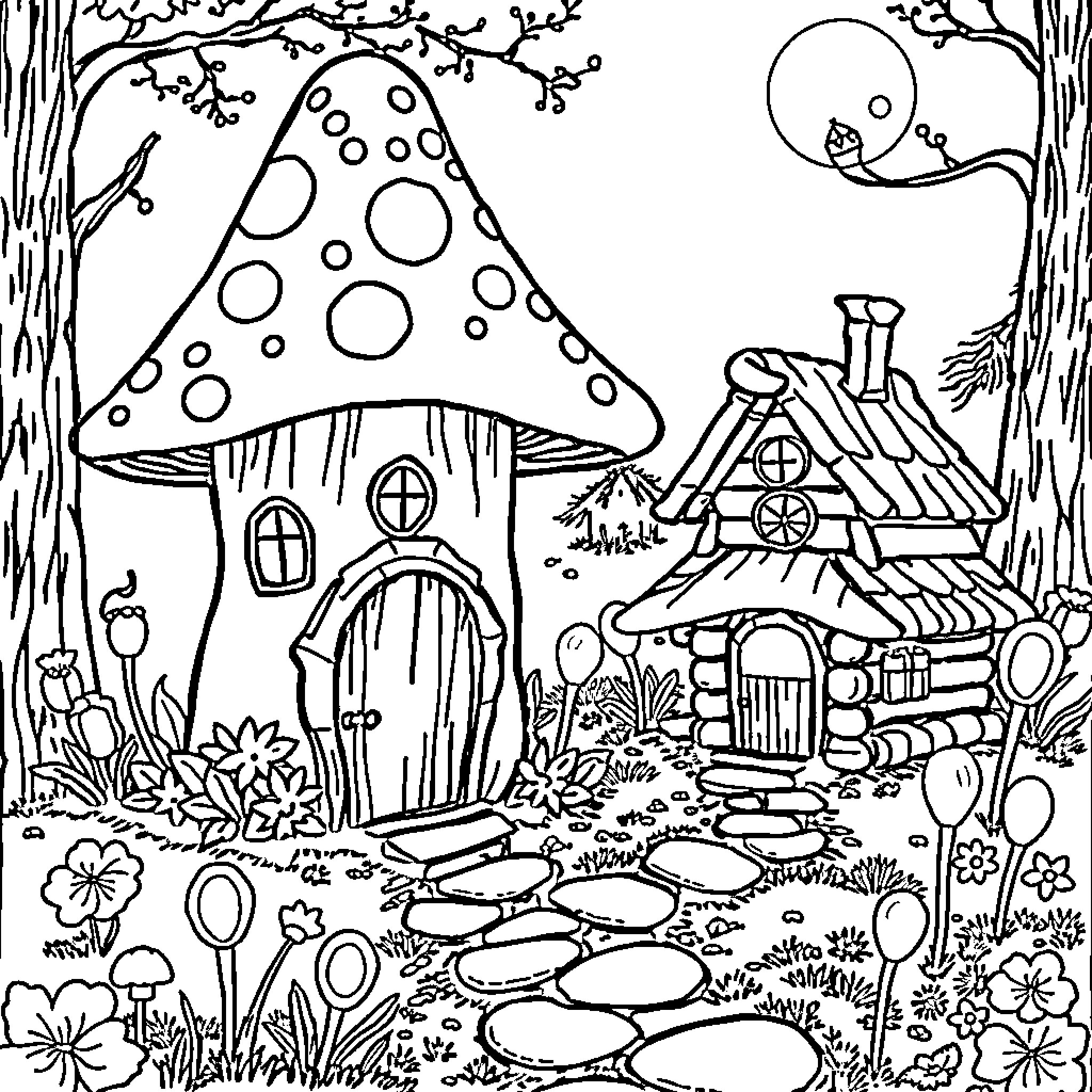 Fairy Houses in the Enchanted Forest Coloring Page (free black-and-white line drawing printable PDF for all, from beginners to advanced learners, including children, teens, adults, and seniors)