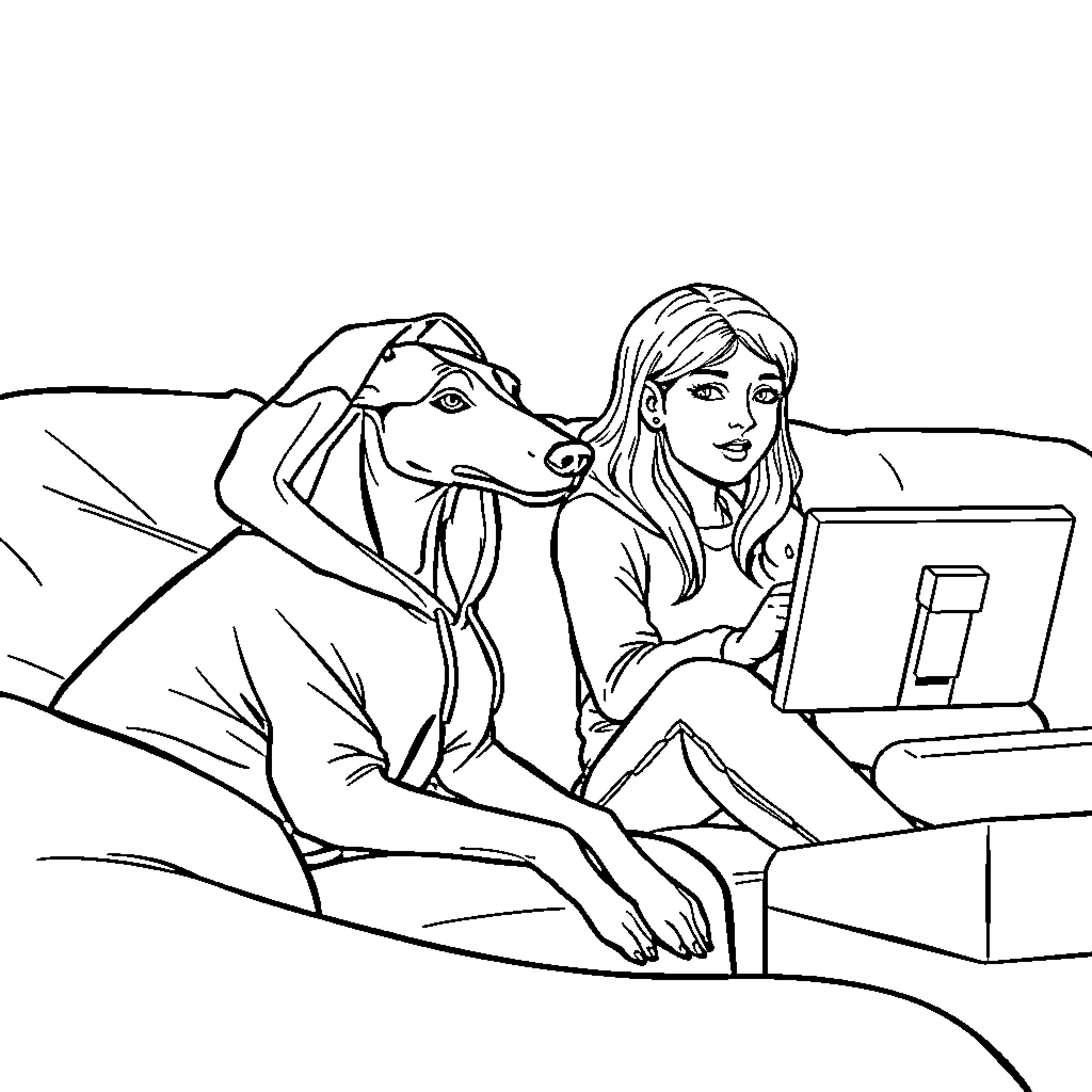 Greyhound companion sharing tablet with woman Coloring Page (free black-and-white line drawing printable PDF for all, from beginners to advanced learners, including children, teens, adults, and seniors)